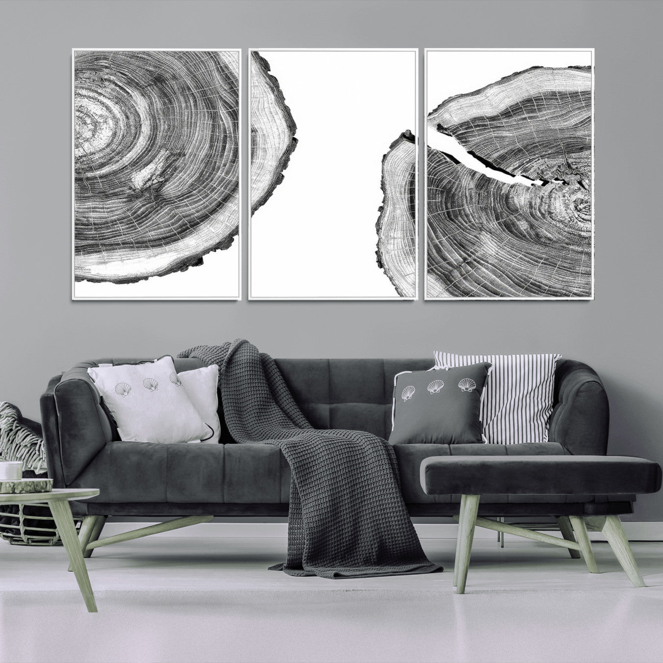 52770-MGV-CV-36X24-Abstract Large Tree Rings – Minimalist Black and White Wood Art | Triptych Canvas, Modern Wall Decor