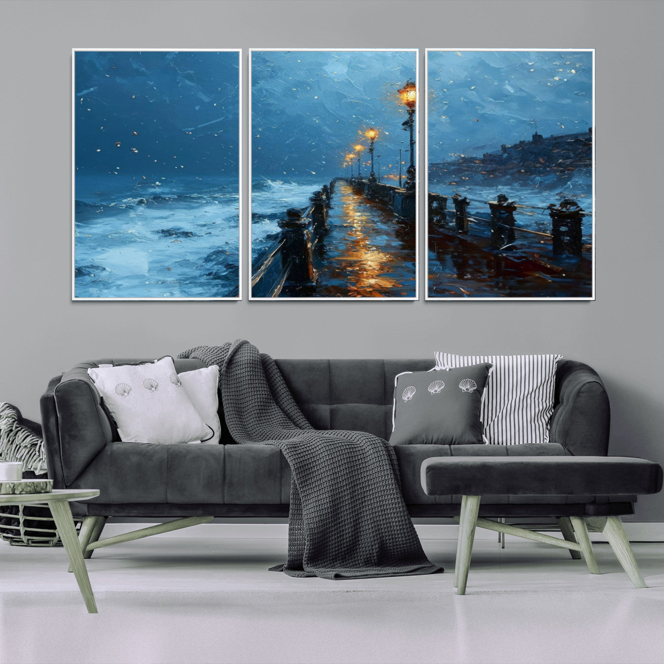 47244-MGV-CV-36X24-Stormy Night at Beach Pier Oil Painting Large Wall Art Print, Framed Canvas Nature Wall Decor,