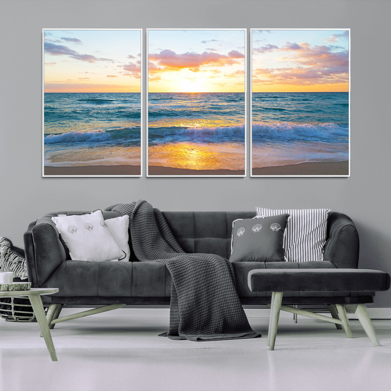 63383-MGV-CV-36X24-Golden Sunset Over Ocean Waves - Serene Coastal Triptych Wall Art for Relaxing Home Decor, Ready to