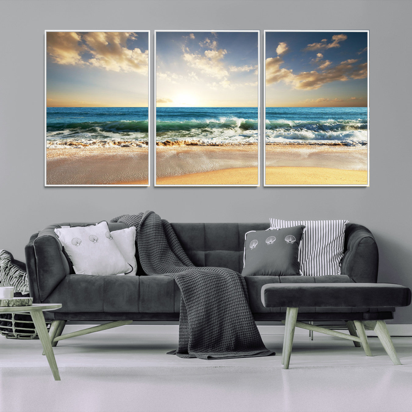 83376-MGV-CV-36X24-Golden Sunset Beach Triptych Canvas Wall Art for Living Room – 3-Panel Ocean View, Framed & Ready to