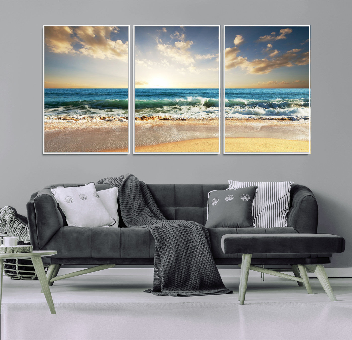 83376-MGV-CV-36X24-Golden Sunset Beach Triptych Canvas Wall Art for Living Room – 3-Panel Ocean View, Framed & Ready to