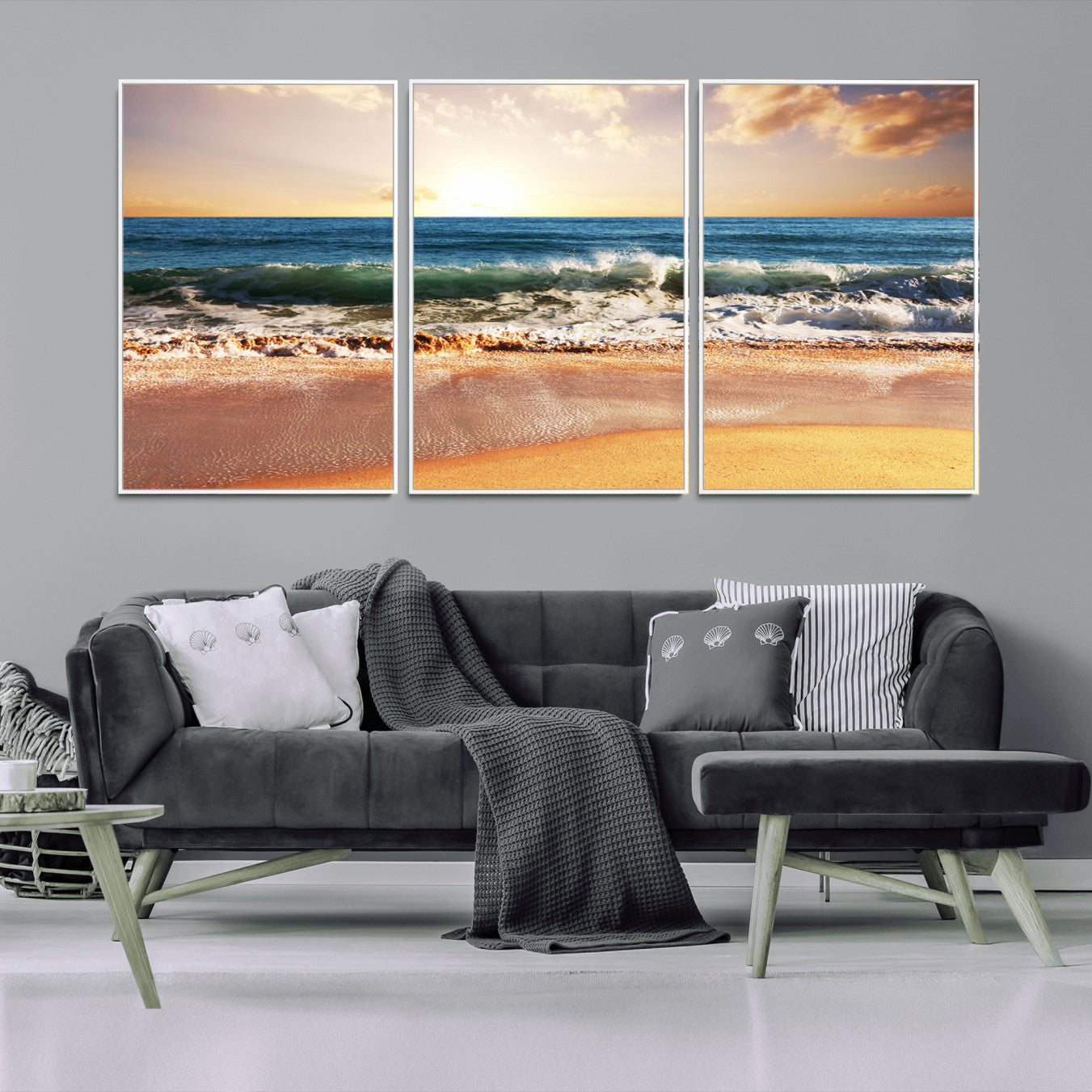 42011-MGV-CV-36X24-Sunset Beach Wall Art - 3-Panel Framed Canvas Print, Ready to Hang Ocean Sunset for Coastal and