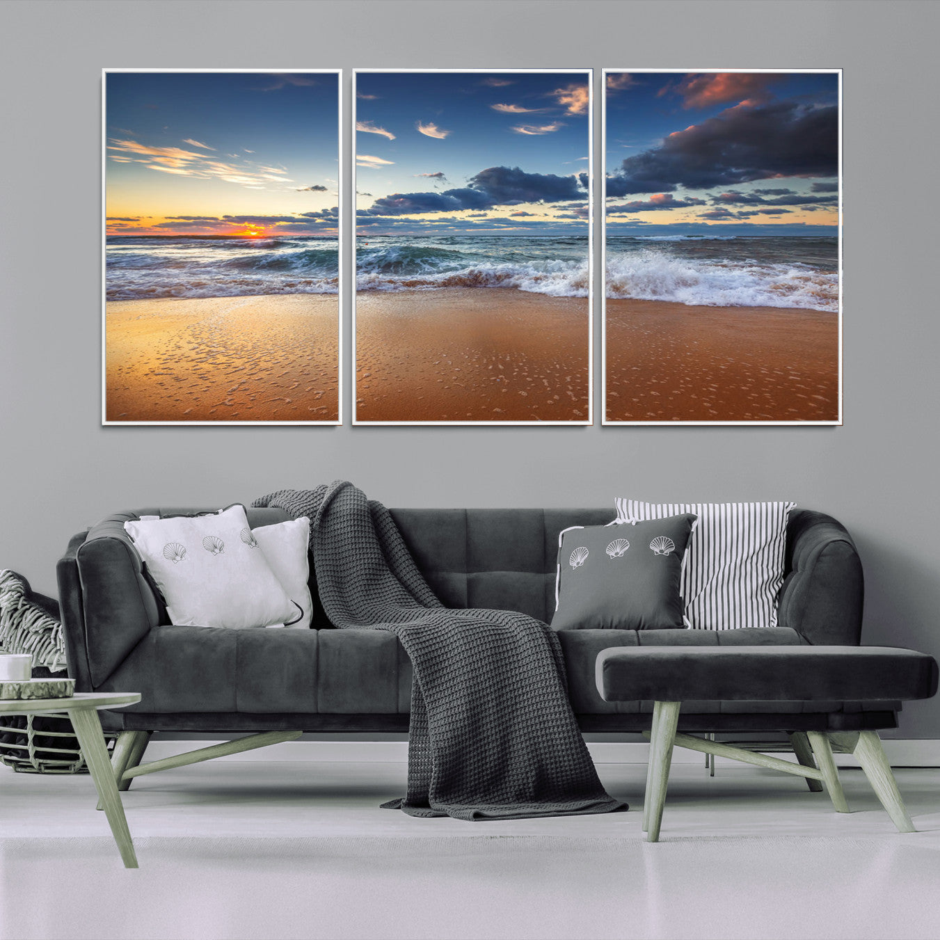 85899-MGV-FC-60X30-3P_White-Beach Canvas Wall Art - Coastal Seascape Print for Living Room or Bedroom, Ocean Waves on Sand,