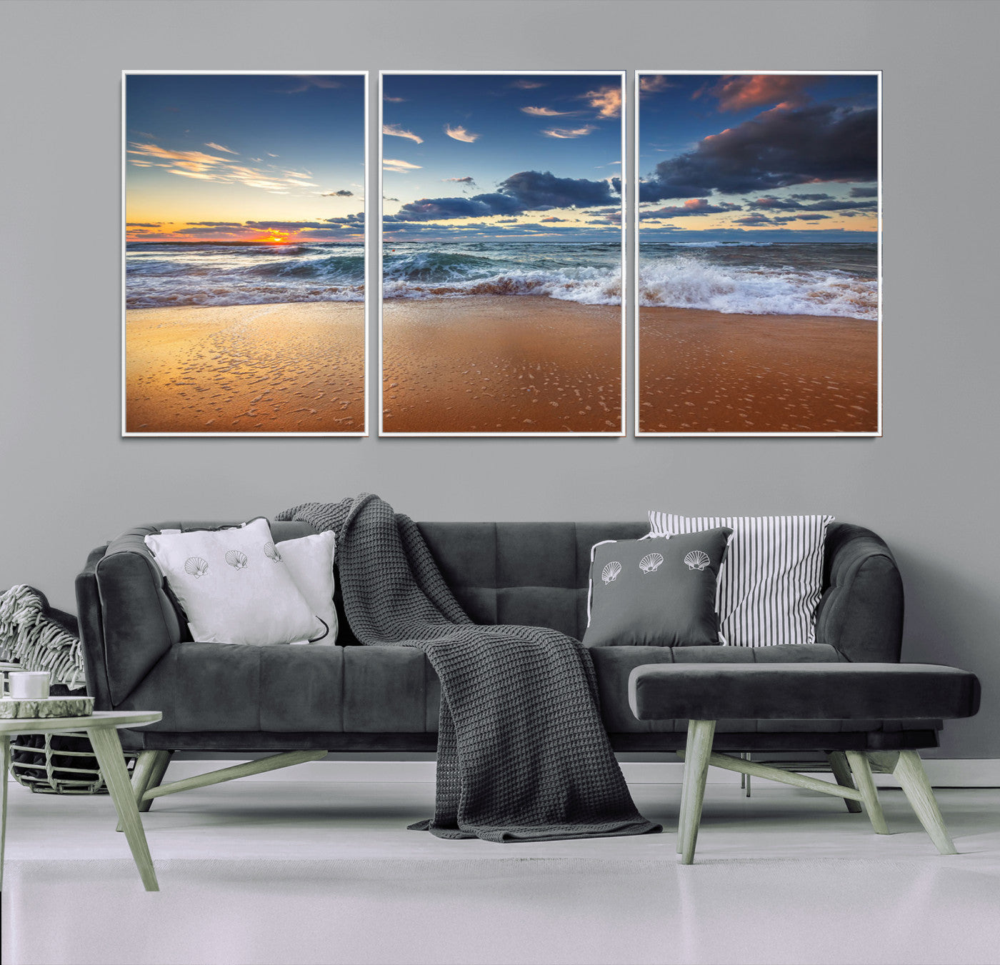 85899-MGV-FC-60X30-3P_White-Beach Canvas Wall Art - Coastal Seascape Print for Living Room or Bedroom, Ocean Waves on Sand,