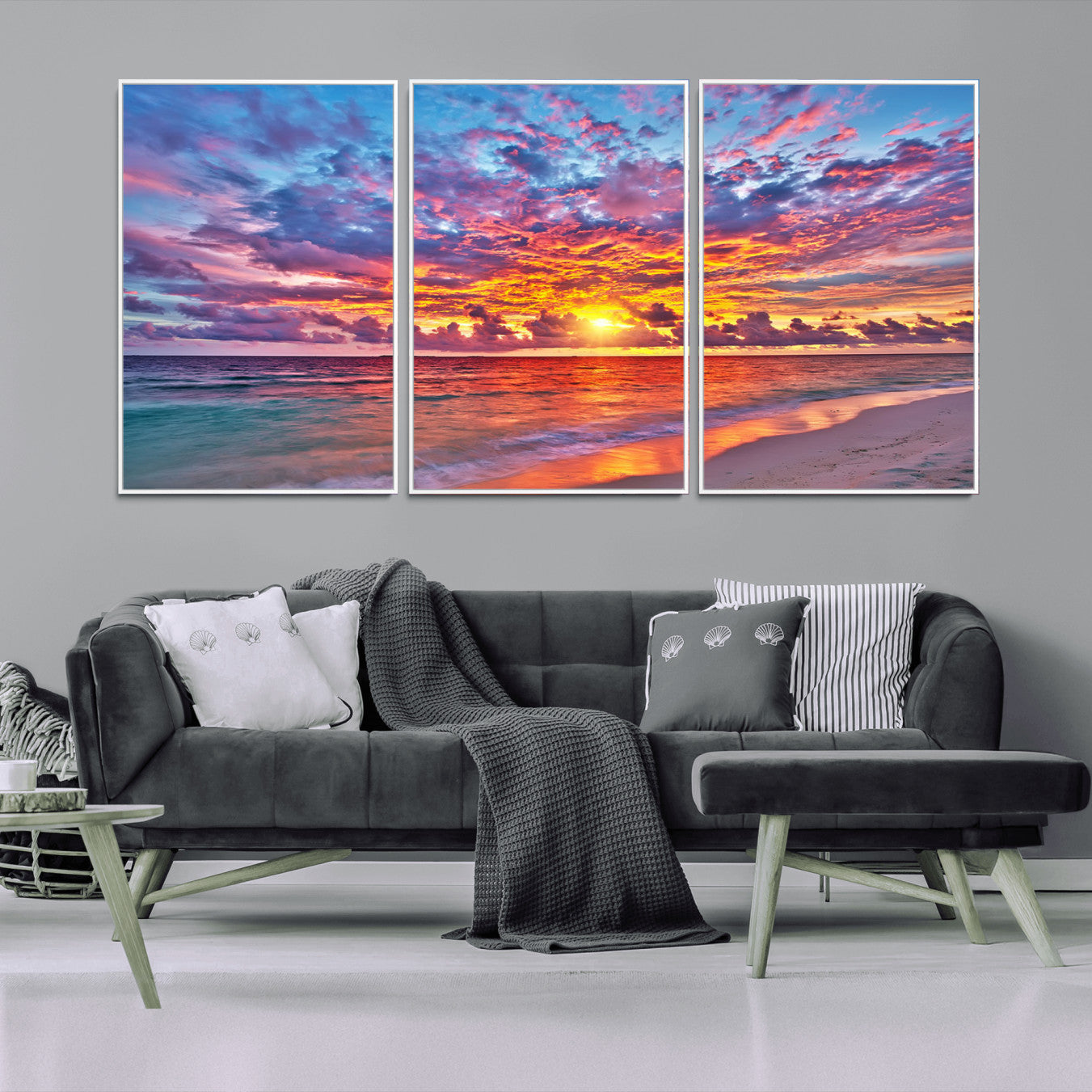 12616-MGV-FC-60X30-3P_White-Vibrant Sunset Beach Wall Art - Ocean Sunset Canvas Print | Coastal Wall Art Decor Stunning Sunset