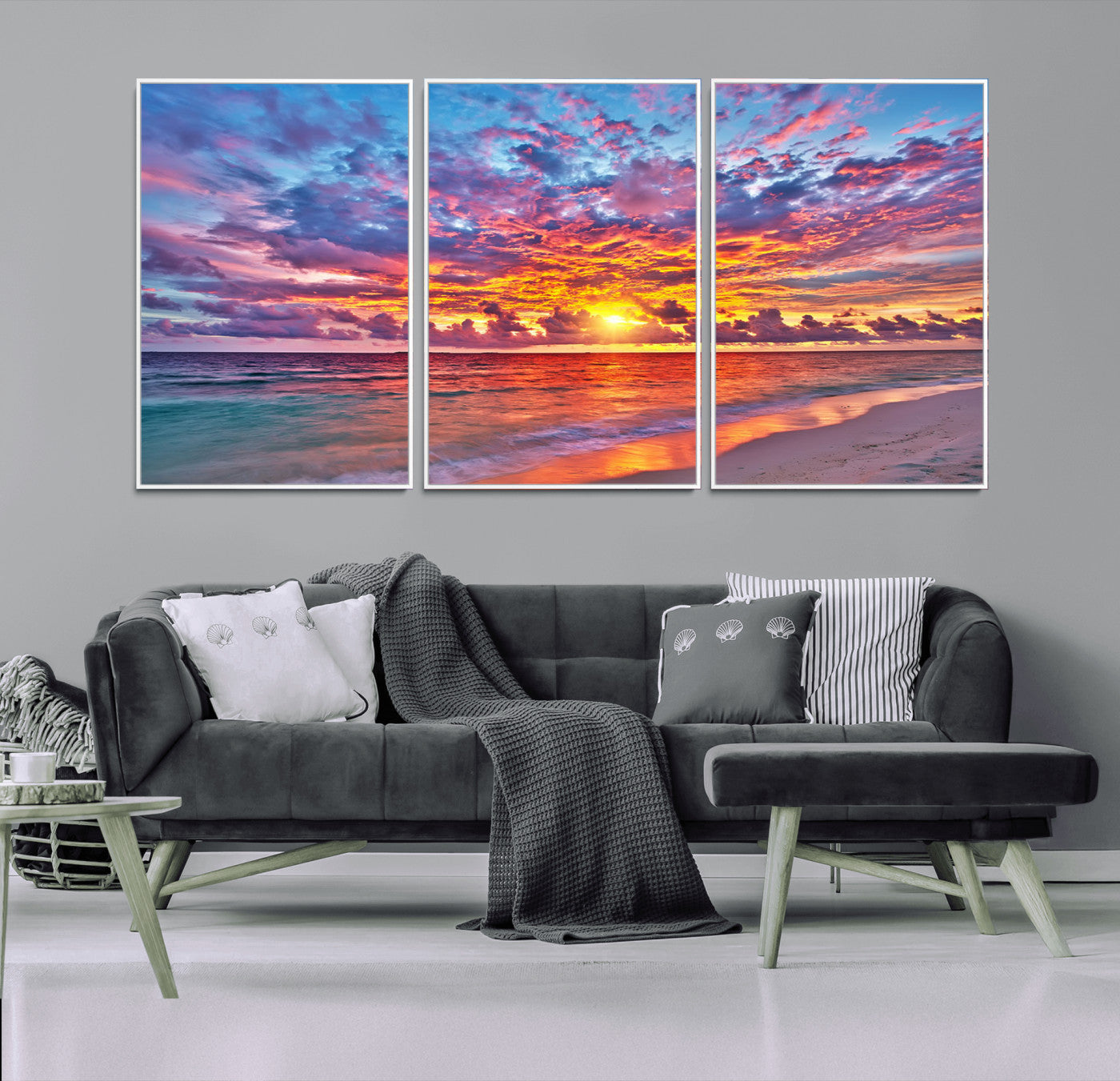 12616-MGV-FC-60X30-3P_White-Vibrant Sunset Beach Wall Art - Ocean Sunset Canvas Print | Coastal Wall Art Decor Stunning Sunset