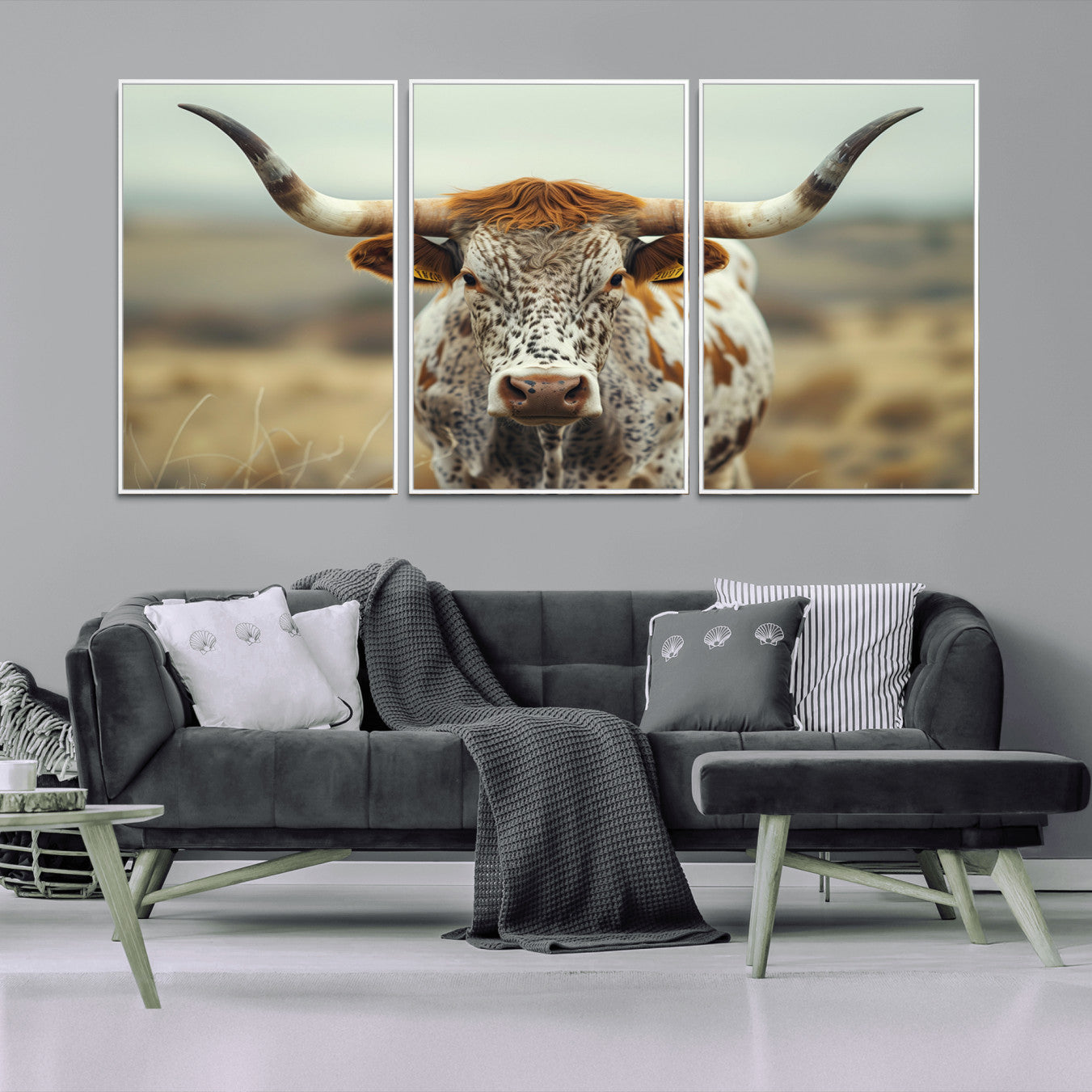 91312-MGV-FC-60X30-3P_White-Texas Cow Longhorn Wall Art Canvas Print for Farm House Wall Decor, Farmhouse Wall Art Print