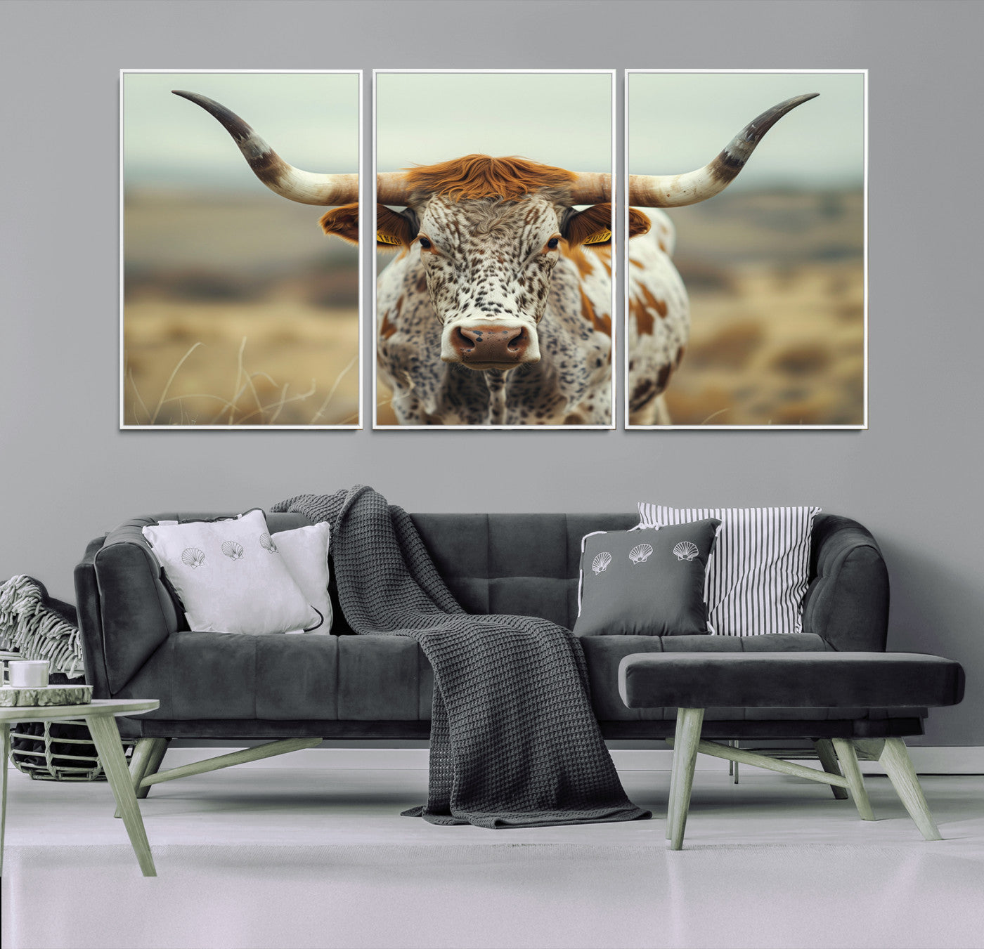 91312-MGV-FC-60X30-3P_White-Texas Cow Longhorn Wall Art Canvas Print for Farm House Wall Decor, Farmhouse Wall Art Print