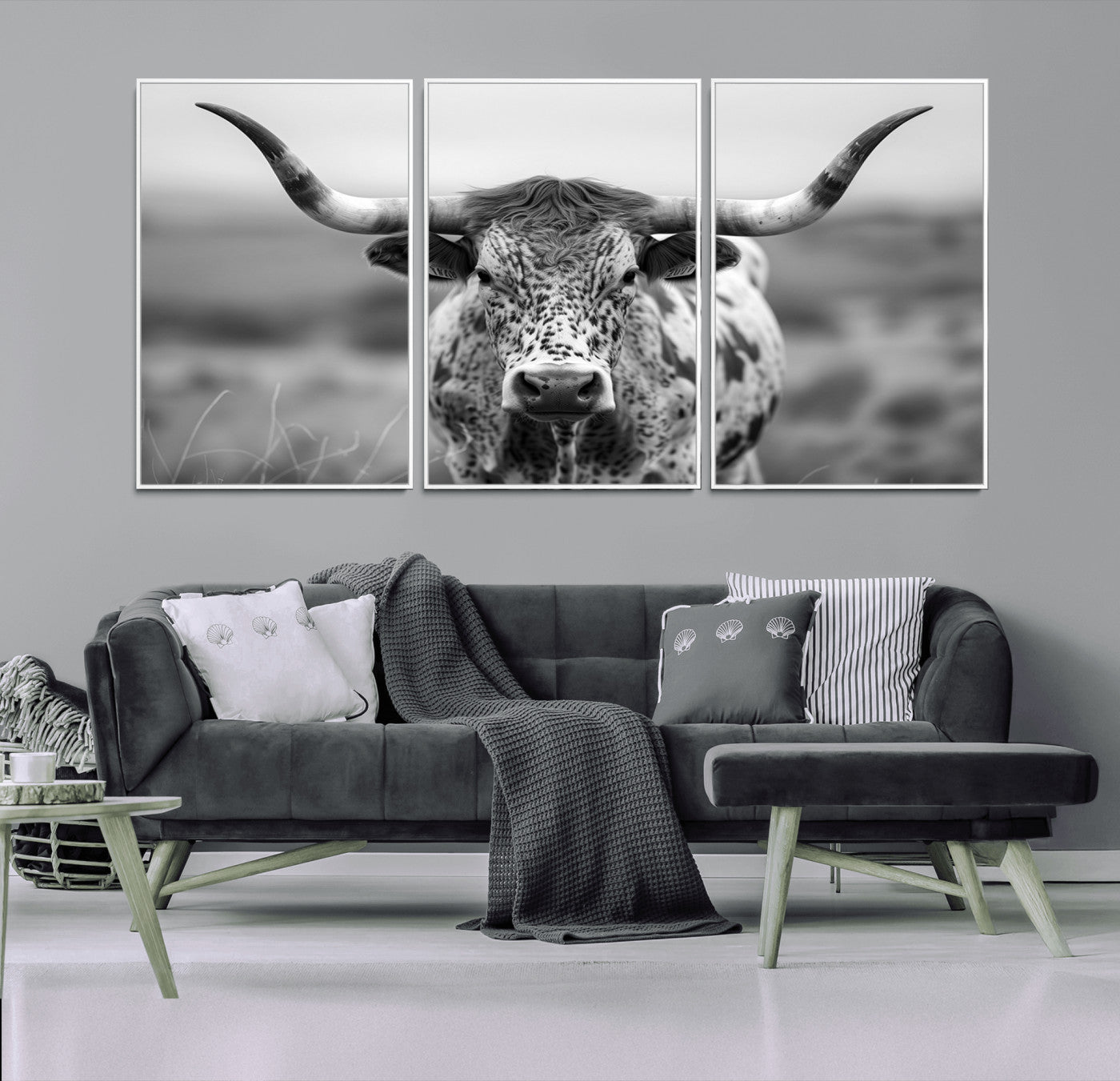 77331-MGV-FC-60X30-3P_White-Texas Cow Longhorn Wall Art Canvas Print for Farm House Wall Decor, Farmhouse Wall Art Print