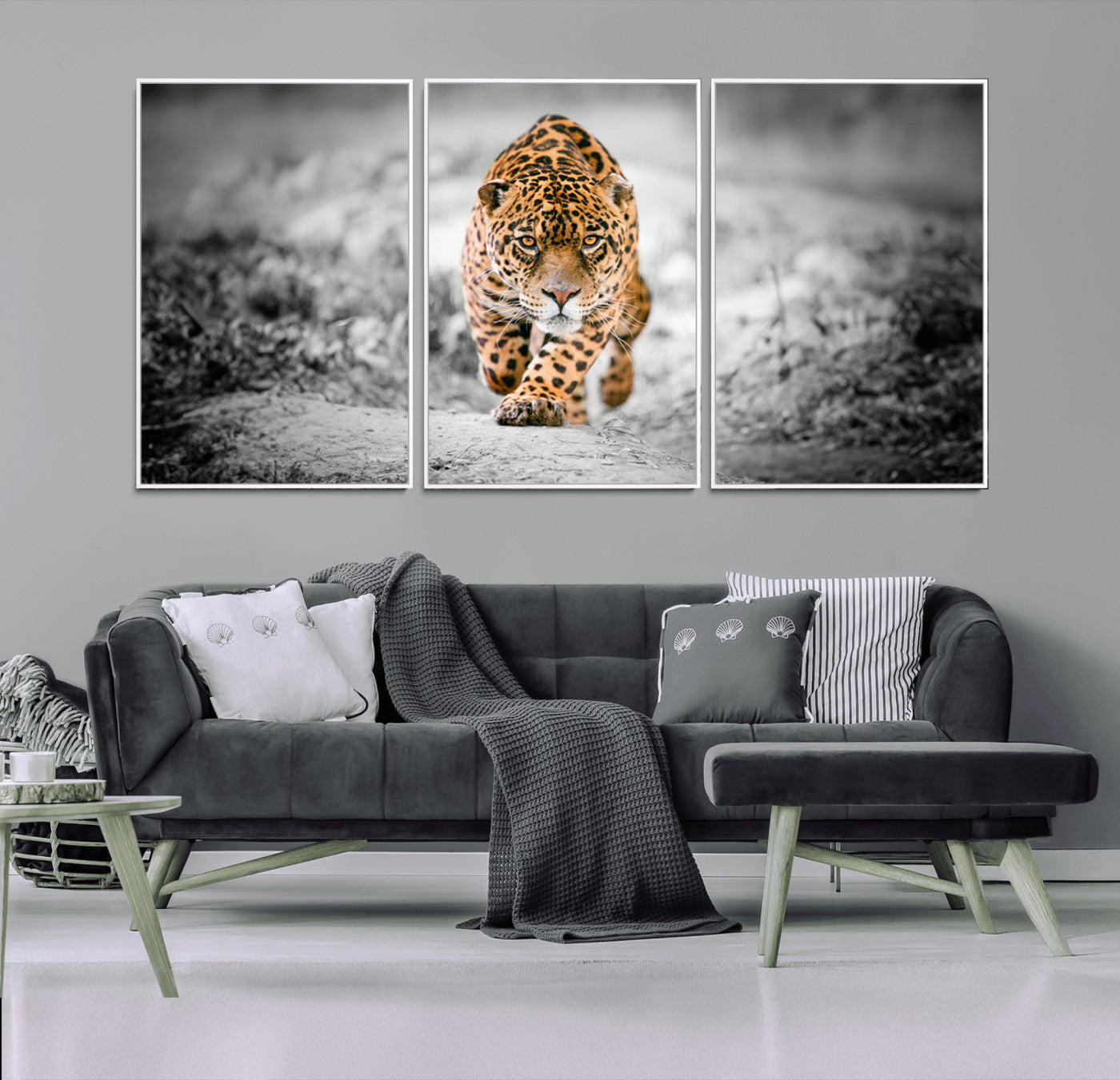 87577-MGV-FC-60X30-3P_White-Jaguar Wall Art Canvas Print - Majestic Big Cat in Focused Pursuit - Ready to Hang
