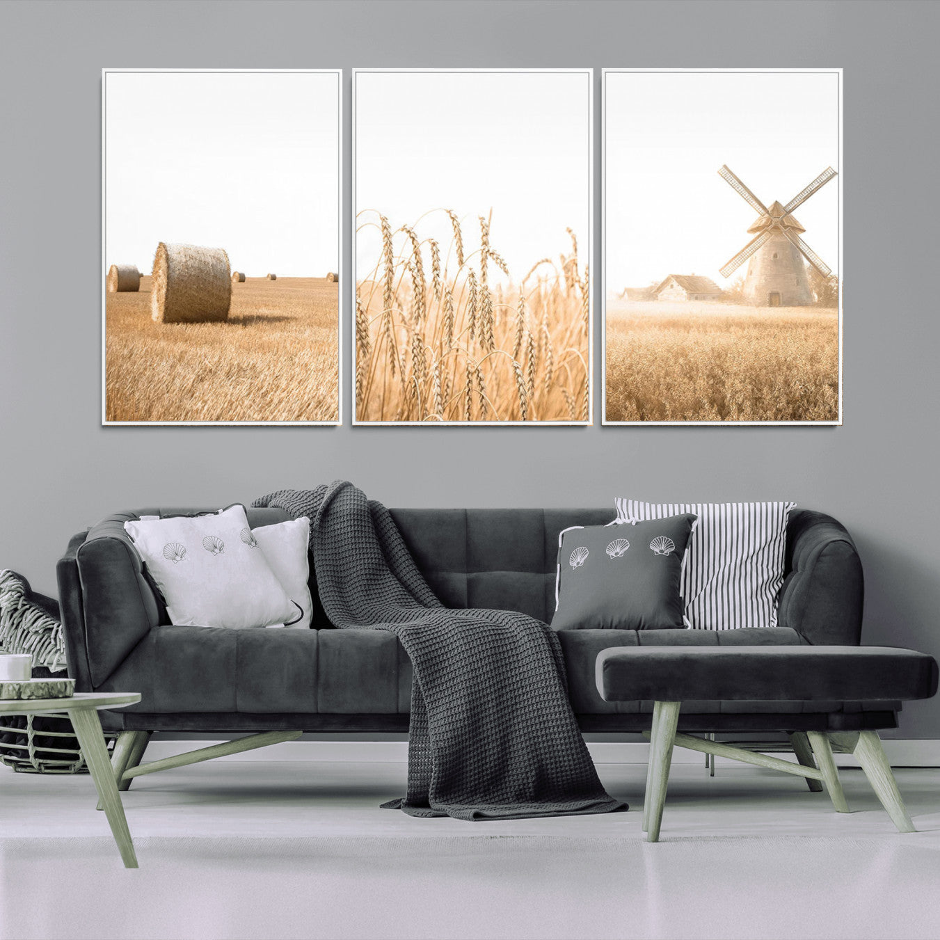 88780-MGV-CV-36X24-Vintage Farmhouse Triptych Wall Art – Giclée Canvas Featuring Wheat Fields, Hay Bales, and a