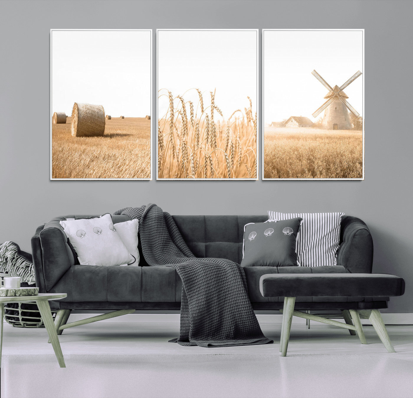 88780-MGV-CV-36X24-Vintage Farmhouse Triptych Wall Art – Giclée Canvas Featuring Wheat Fields, Hay Bales, and a