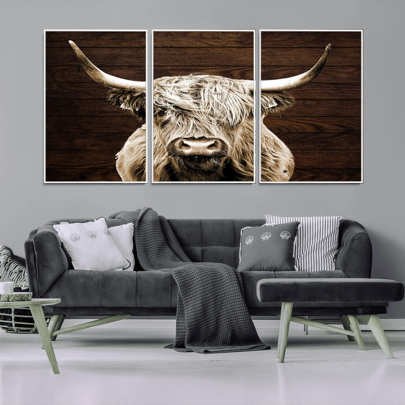 27892-MGV-FC-60X30-3P_White-Highland Cow Wall Art Canvas Print, Rustic Farmhouse Decor, Majestic Scottish Highland Bull Portrait
