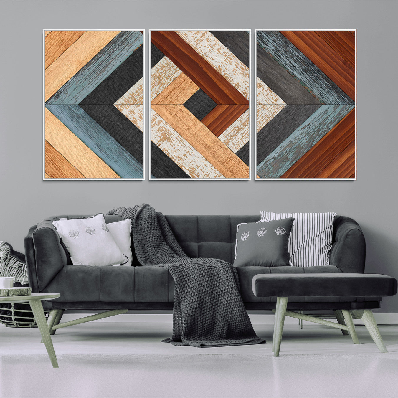 20897-MGV-CV-36X24-Geometric Wood Art Wall Decor Canvas Print, Rustic Wooden Pattern Triptych Wall Art for Living Room