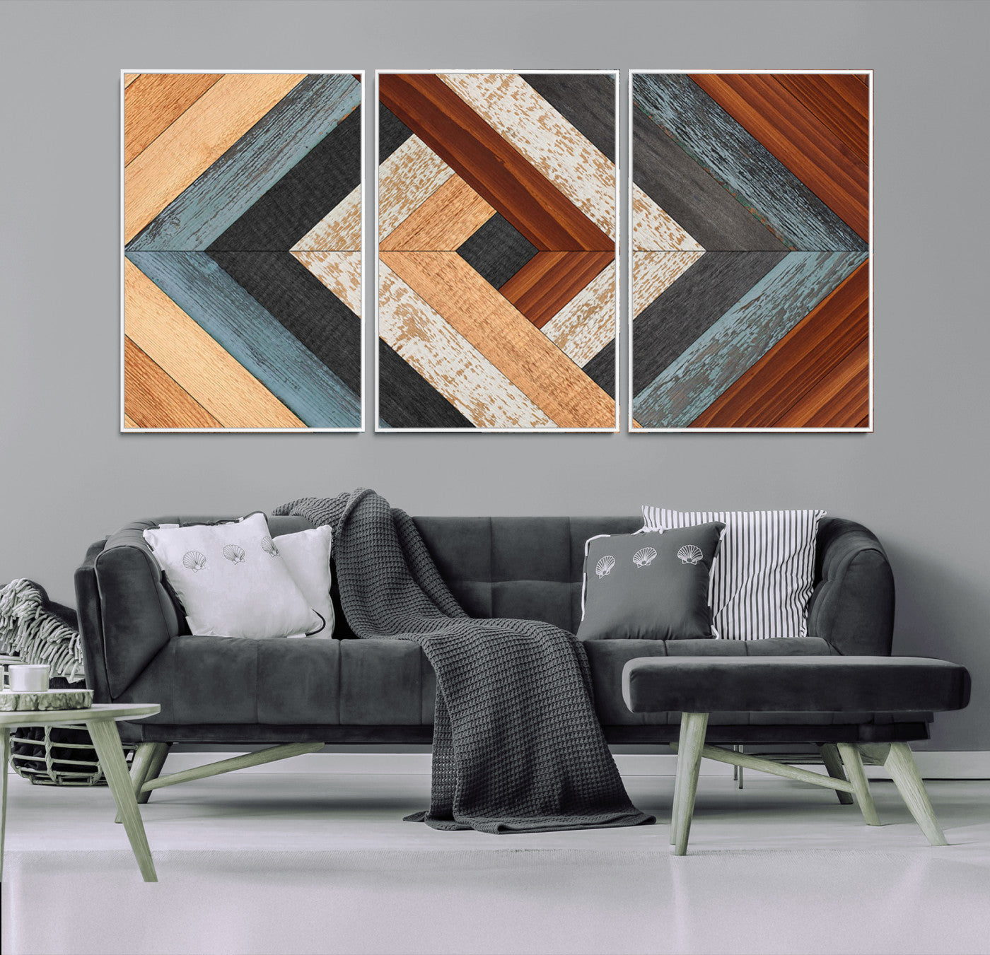 20897-MGV-CV-36X24-Geometric Wood Art Wall Decor Canvas Print, Rustic Wooden Pattern Triptych Wall Art for Living Room