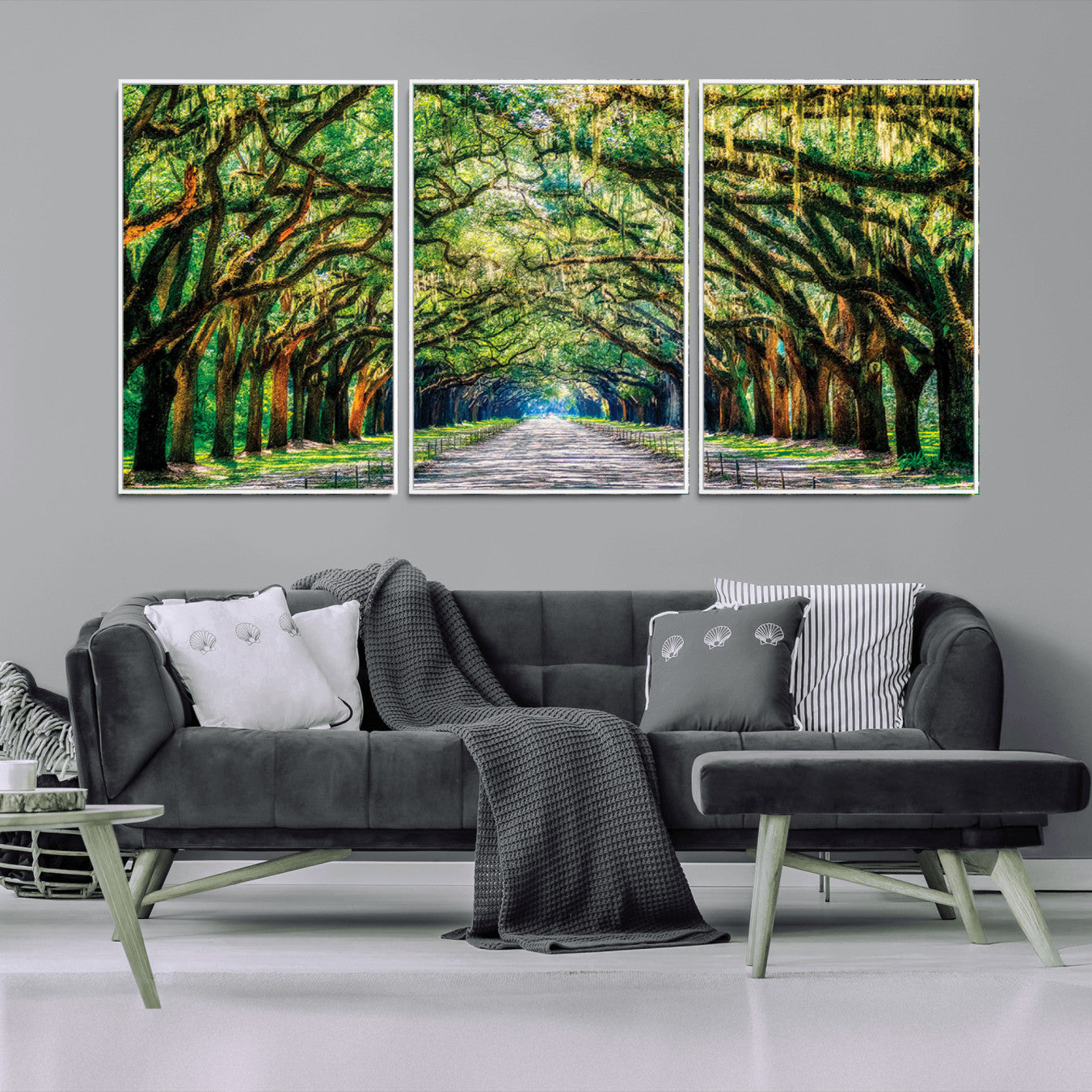 77105-MGV-FC-60X30-3P_White-Serene Tree Tunnel Wall Art Canvas Print – Pathway Under Canopy of Lush Green Trees, Nature-Inspired