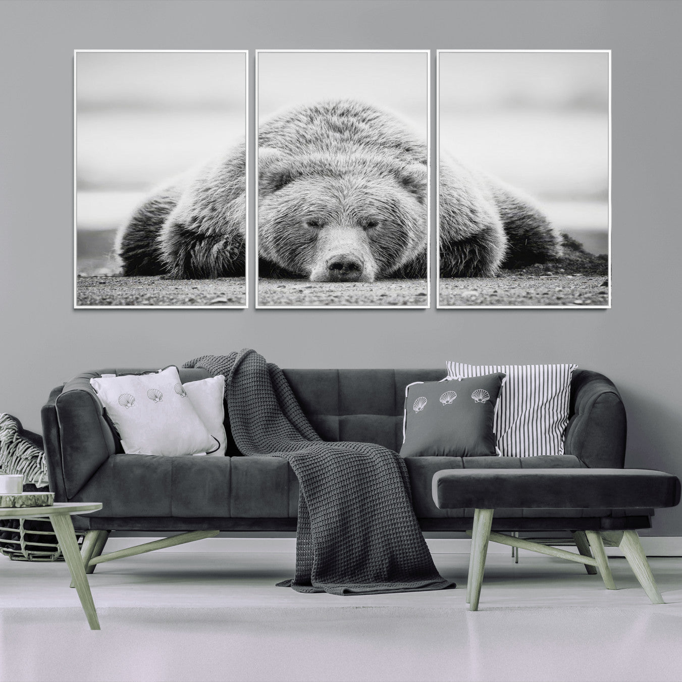 -Resting Grizzly Bear Wall Art Canvas Print – Majestic Lazy Black and White Wildlife Bear Art,