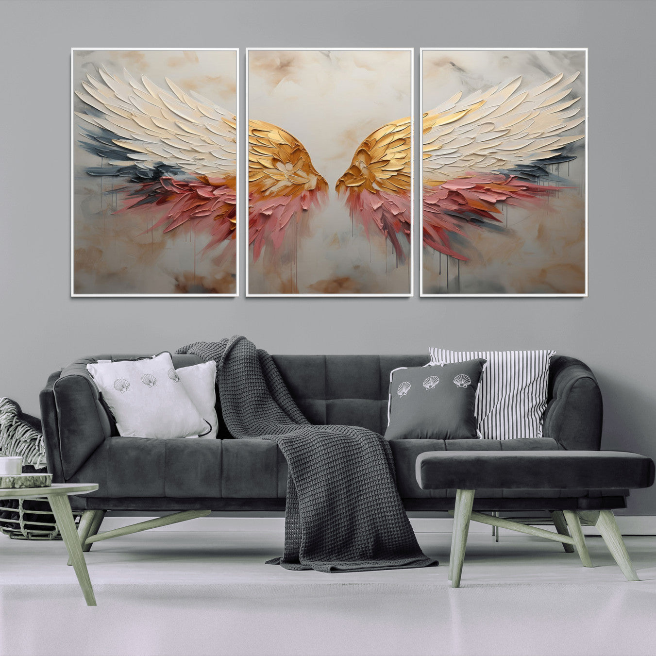 10697-MGV-FC-60X30-3P_White-Golden Angel Wings Wall Art Canvas Print – Stunning Abstract Winged Art for Elegant Home Decor –