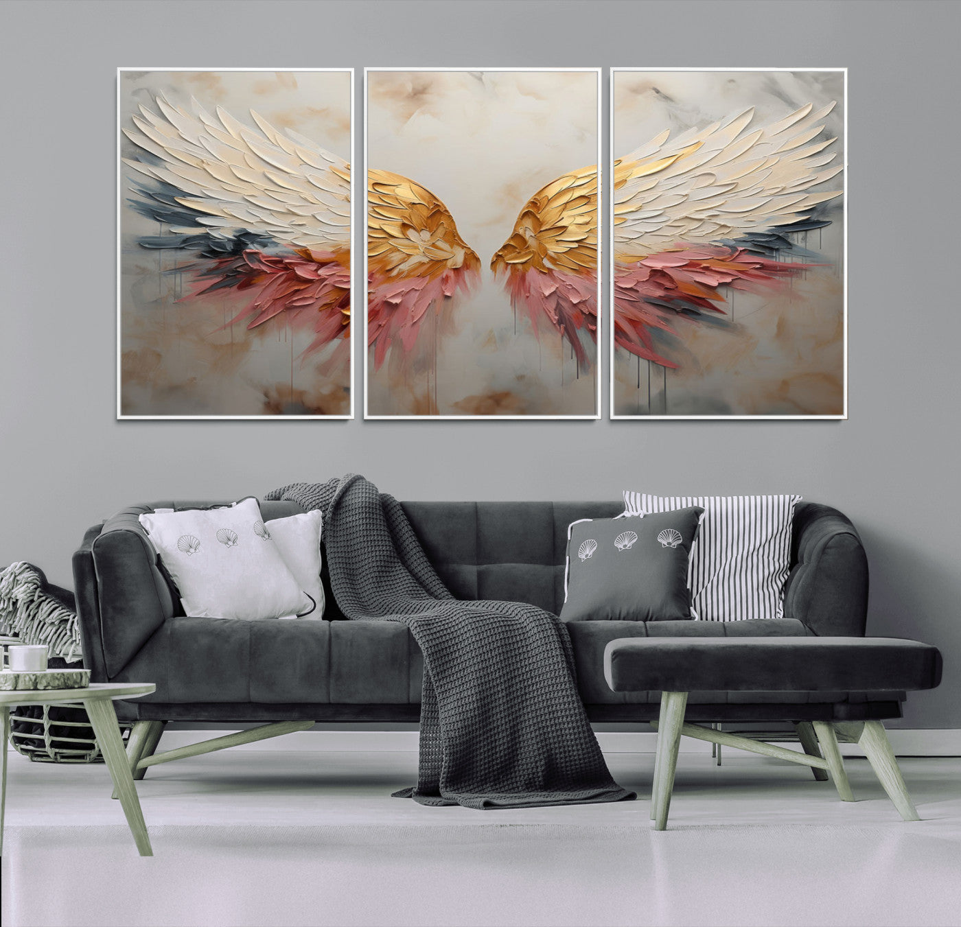10697-MGV-FC-60X30-3P_White-Golden Angel Wings Wall Art Canvas Print – Stunning Abstract Winged Art for Elegant Home Decor –