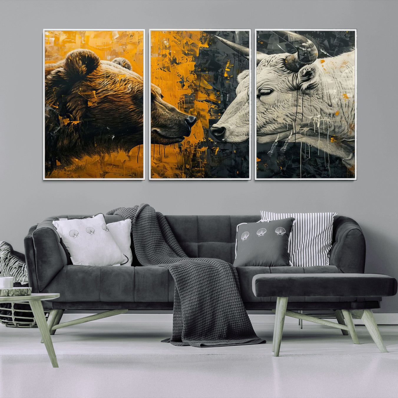 71185-MGV-CV-36X24-Bear and Bull Wall Art Canvas Print – Abstract Animal Portrait Painting for Modern Home Decor –