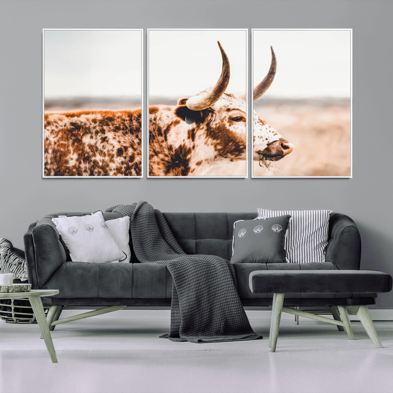 50356-MGV-FC-60X30-3P_White-Speckled Bull Wall Art Canvas Print – Rustic Cow Longhorn Farmhouse Animal Decor – Western Longhorn
