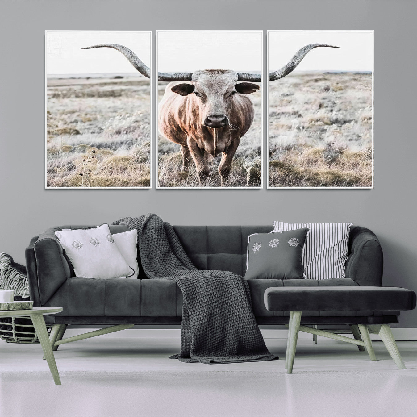 26121-MGV-FC-60X30-3P_White-Rustic Texas Longhorn Wall Art Canvas Print | Western Farmhouse Decor for Living Room or Office,