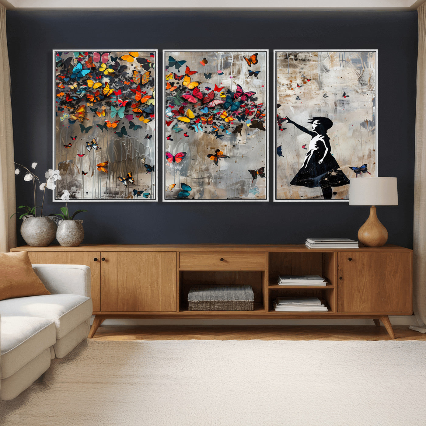 40269-MGV-CV-36X24 - Banksy Wall Art - Banksy Girl and Butterfly Explosion Wall Art Canvas Print | Girl with Butterflies