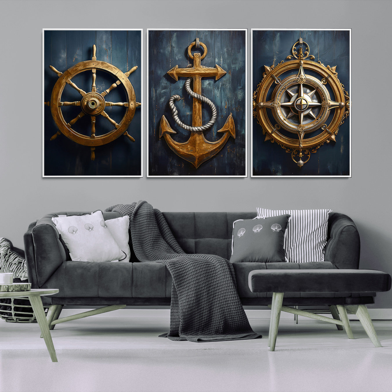 56214-MGV-FC-60X30-3P - Boat Anchor Compass With Rope Wall Art Canvas Print | Beach House Wall Art