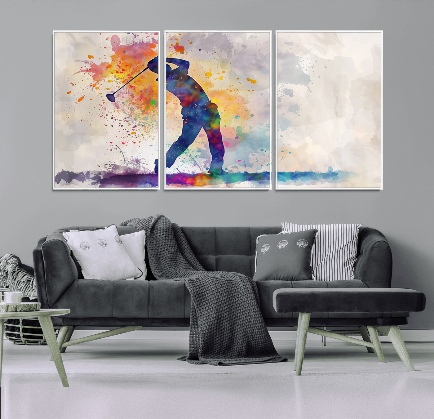-Watercolor Golf Swing Wall Art Canvas Print | Vibrant Abstract Golf Player Silhouette |