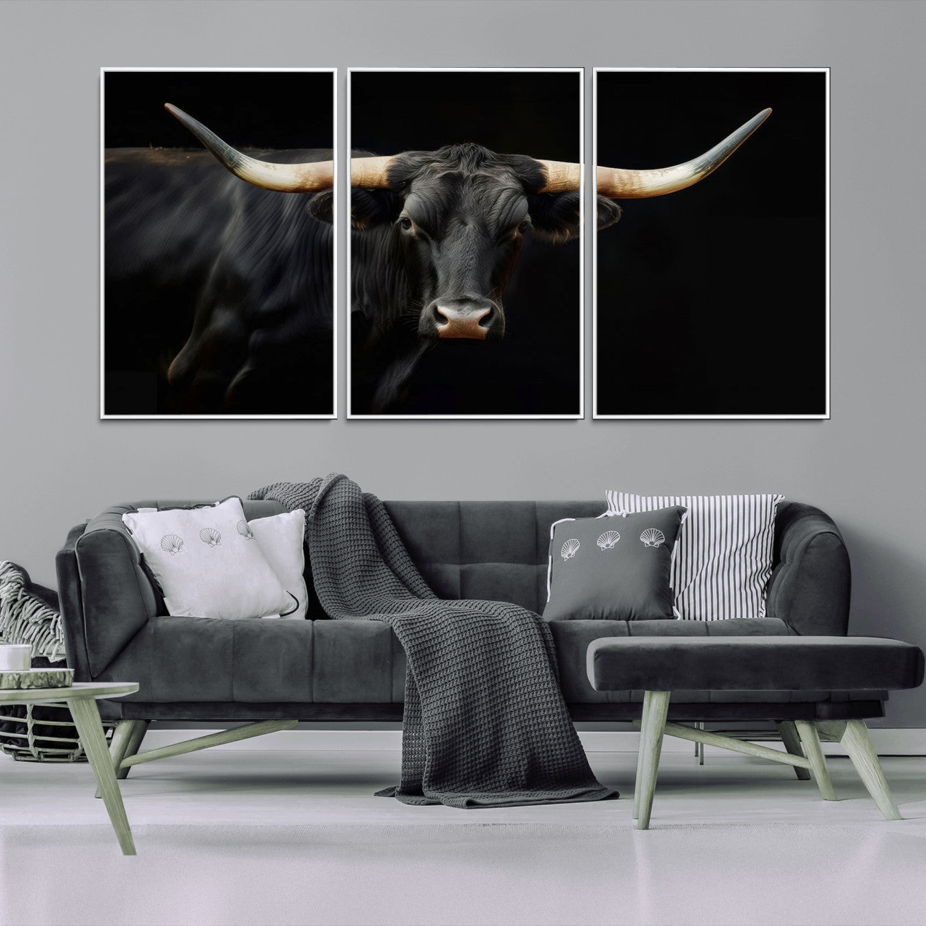 -Black Bull Wall Art – Majestic Longhorn Canvas Print with Dark Background, Rustic Western Farmhouse Decor for Living Room or Office