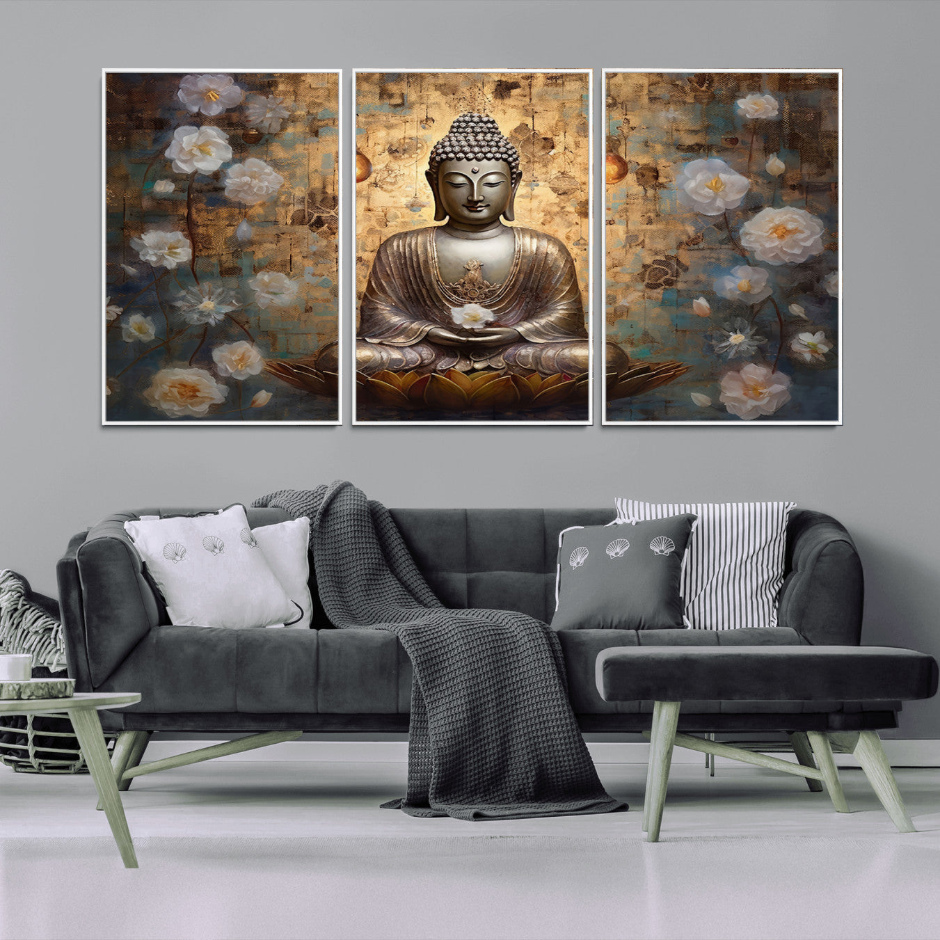 -Golden Buddha Wall Art Canvas Print | Zen Meditation Floral Decor | Tranquil Spiritual Home Art |
