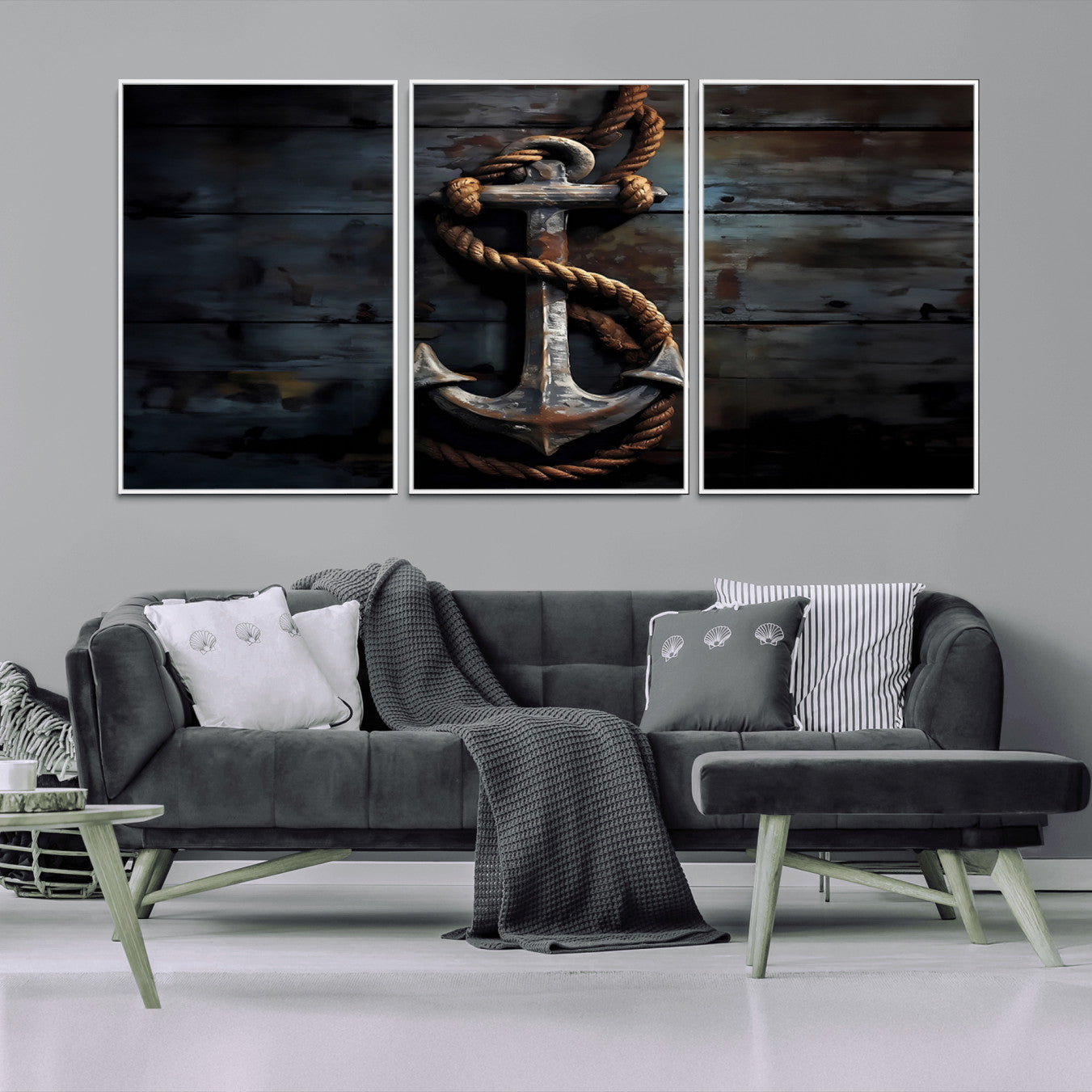 -3 Panel Grunge Abstract Anchor Wall Art Canvas Print Set