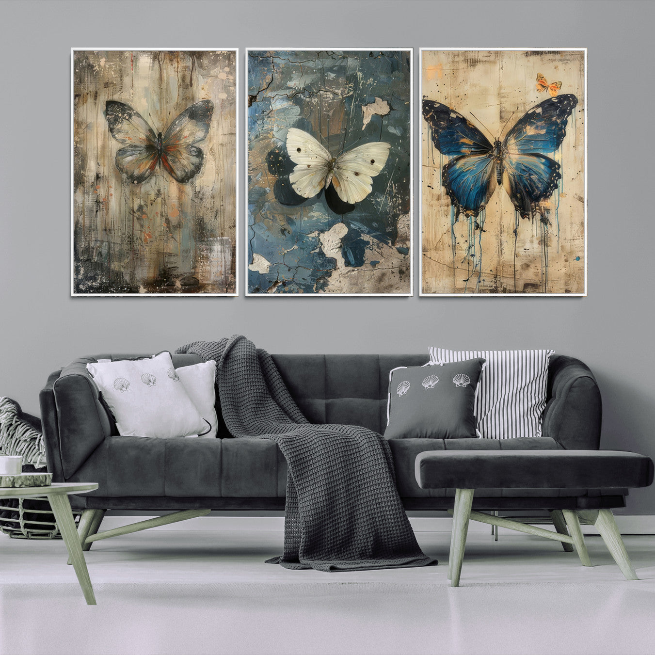15201-MGV-FC-60X30-3P_White-Butterfly Wall Art Trio | Vintage Butterfly Canvas Print | Ready to Hang Framed Artwork for