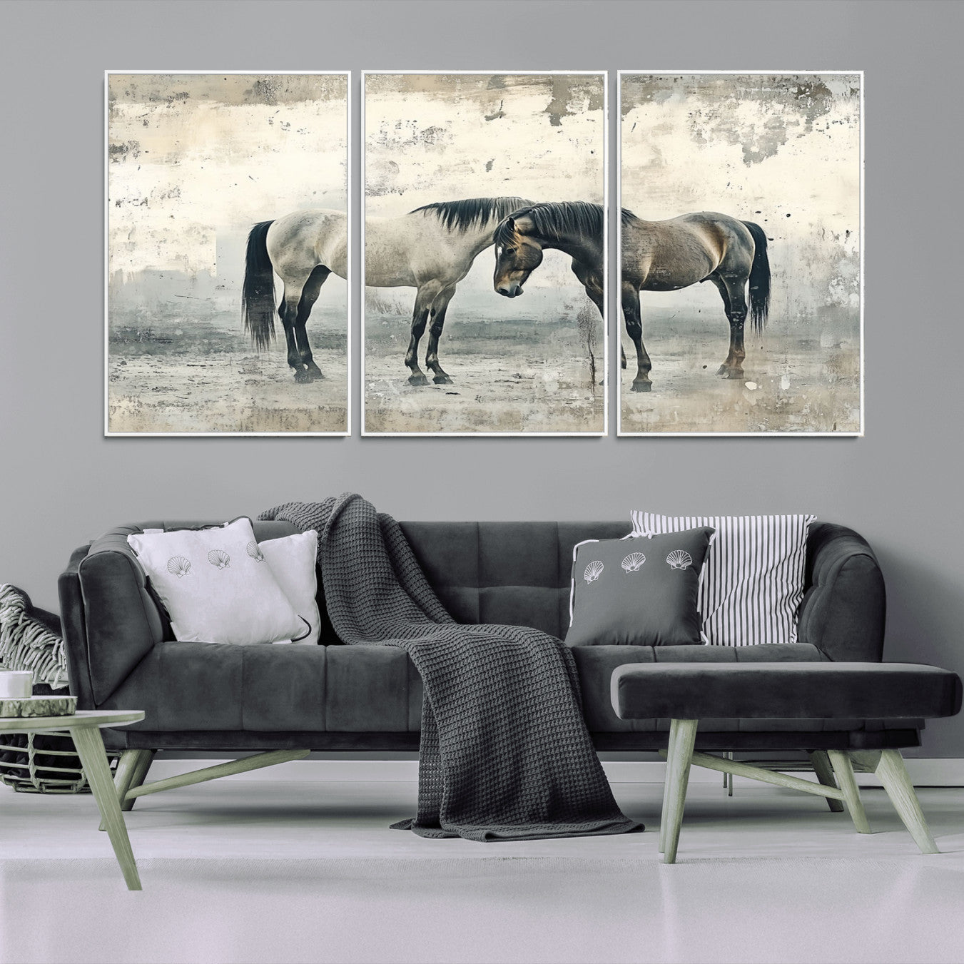 -Chines Style Majestic Horses Wall Art | Ready to Hang and Framed Triptych Print | Western Farmhouse