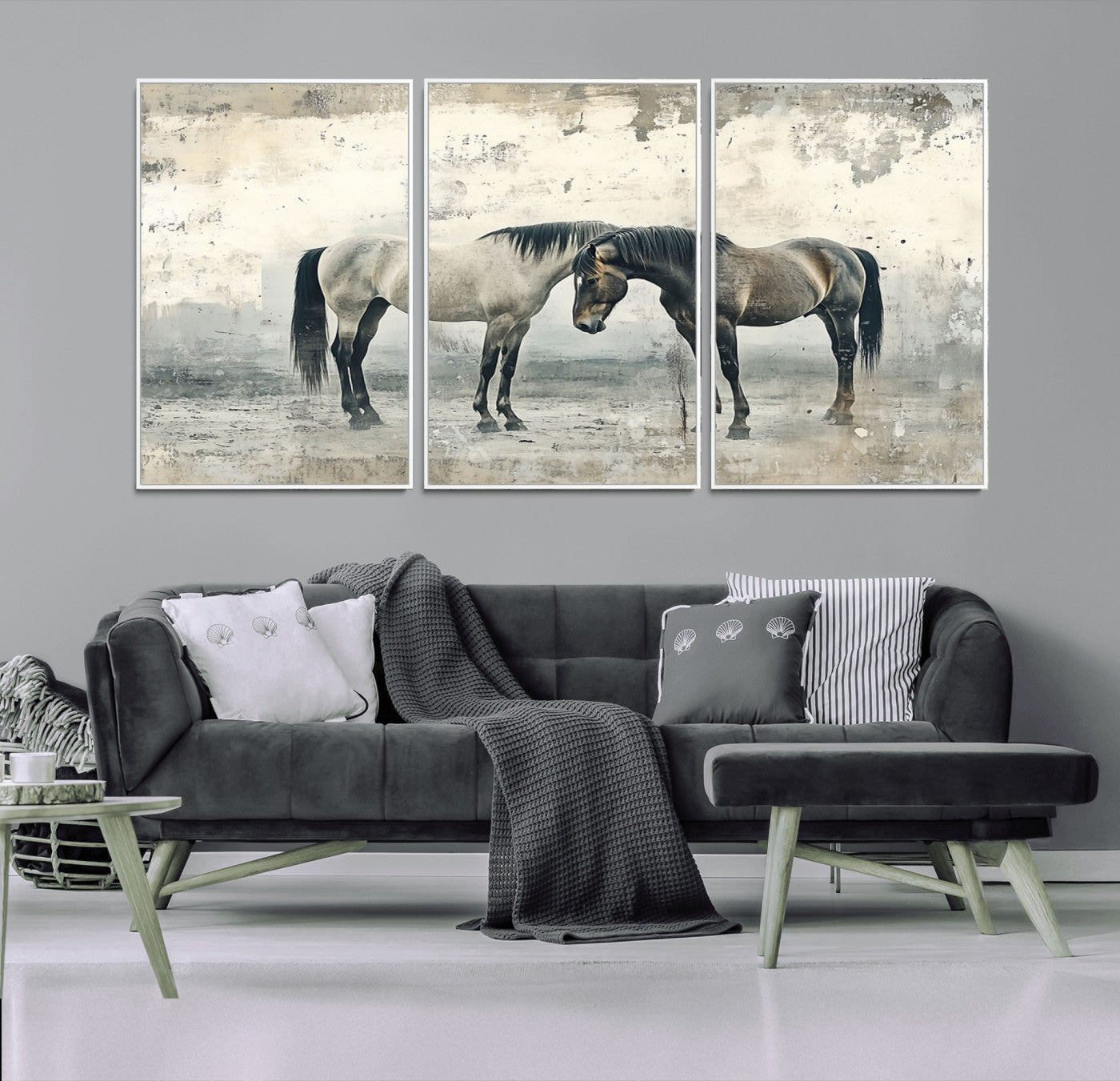 -Chines Style Majestic Horses Wall Art | Ready to Hang and Framed Triptych Print | Western Farmhouse