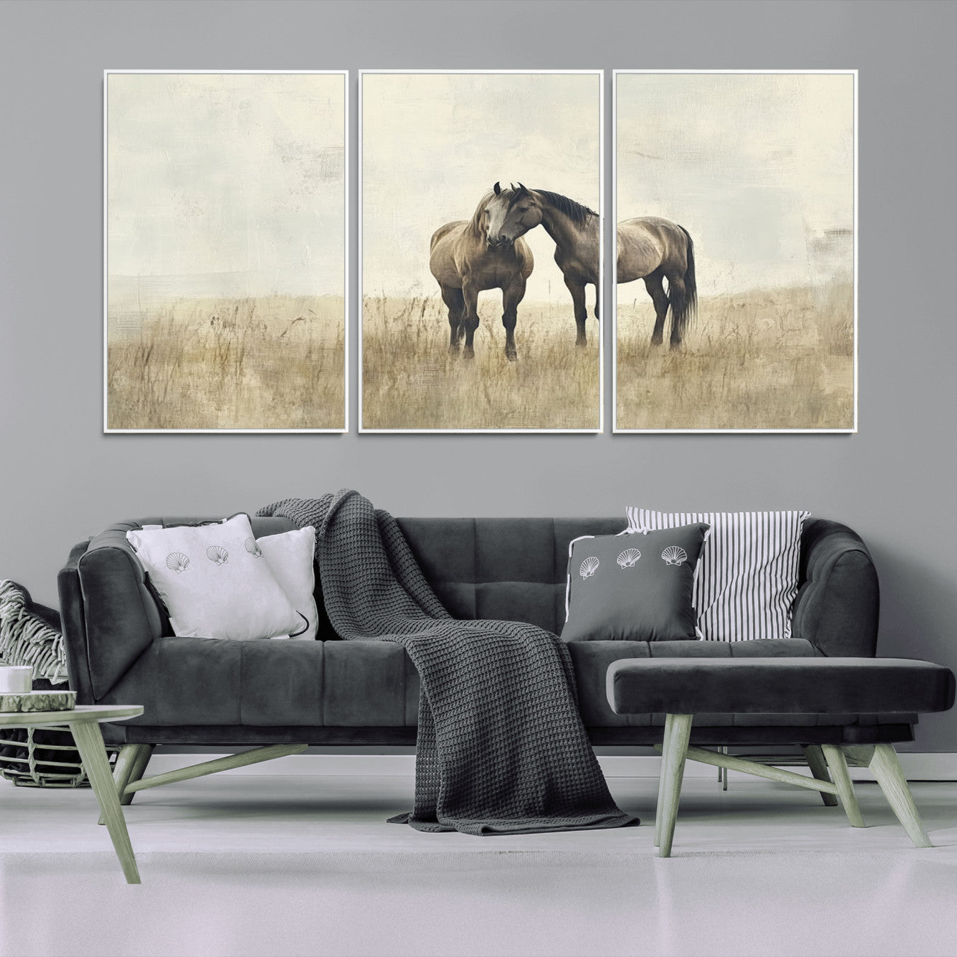 -Chines Style Grunge Horses Wall Art Canvas Print