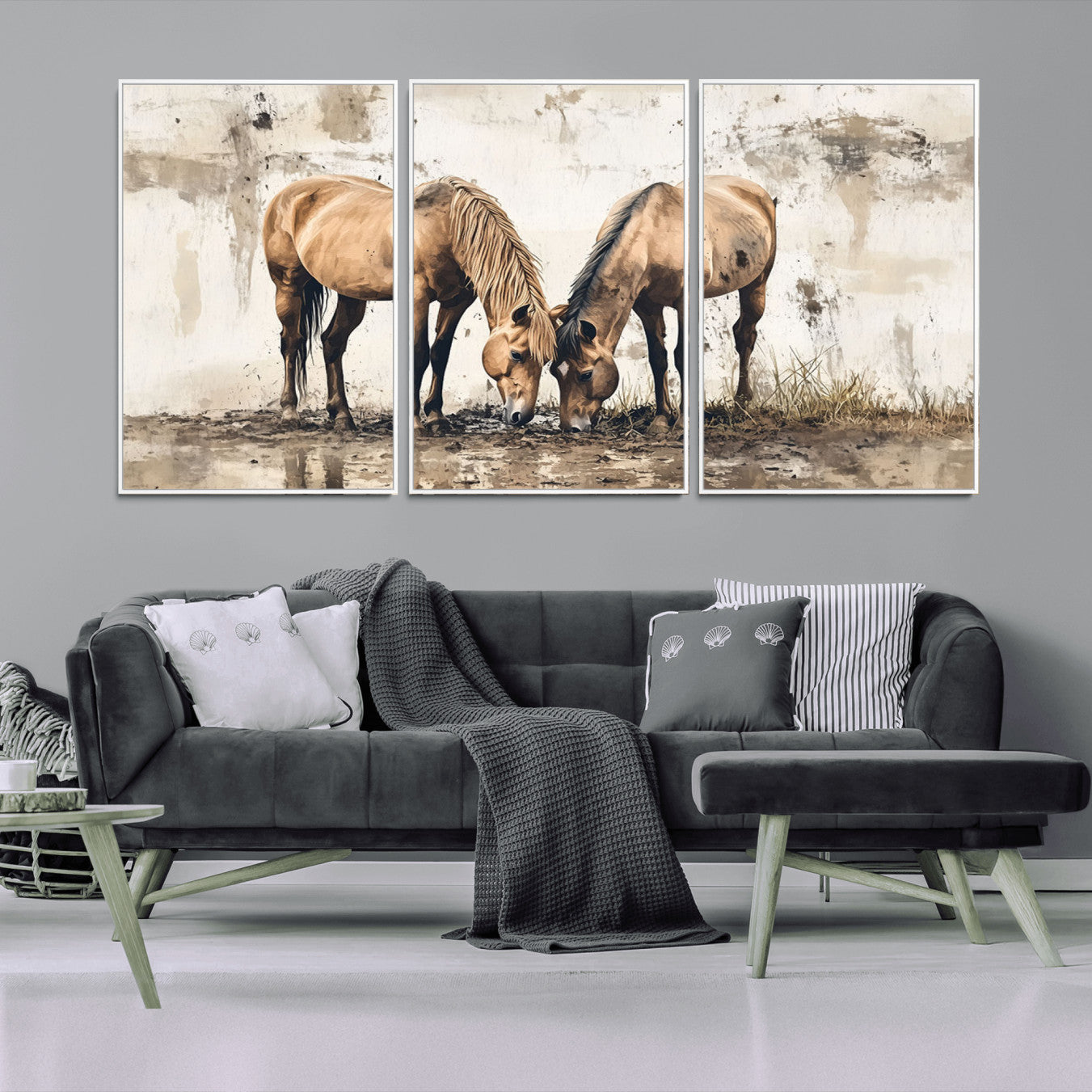 -Vintage Horses Wall Art | Ready to Hang and Framed Triptych | Western Farmhouse Wall Decor for