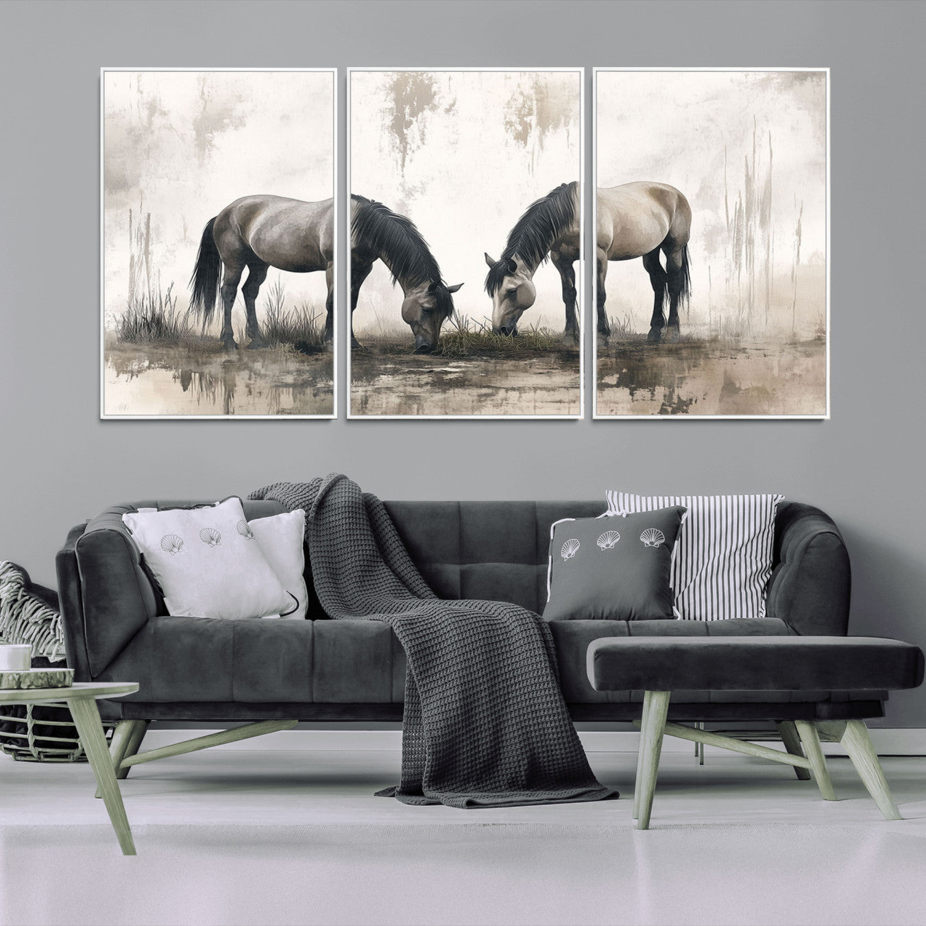 -Chines Ink Style Vintage Horses Wall Art Canvas Print for Farmhouse Wall Decor