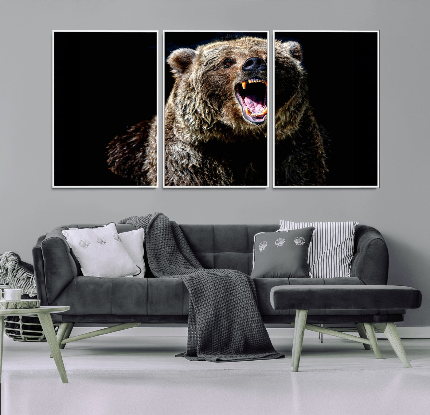 17625-MGV-FC-60X30-3P_White-Grizzly Bear Canvas Print | Wildlife Wall Art for Cabin Decor | Ready to Hang Framed