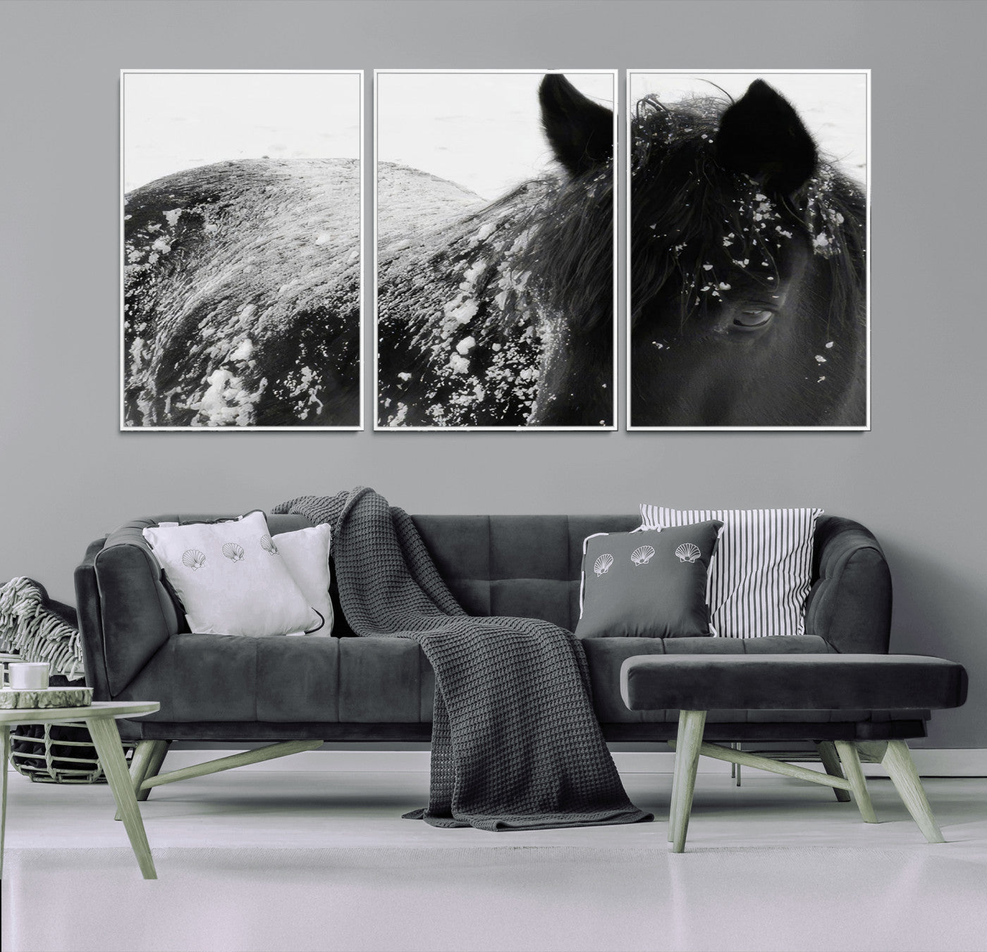 52886-MGV-CV-36X24-Black Horse in Snow Canvas Print | Winter Horse Wall Art | Ready to Hang and Framed | Farmhouse Wall