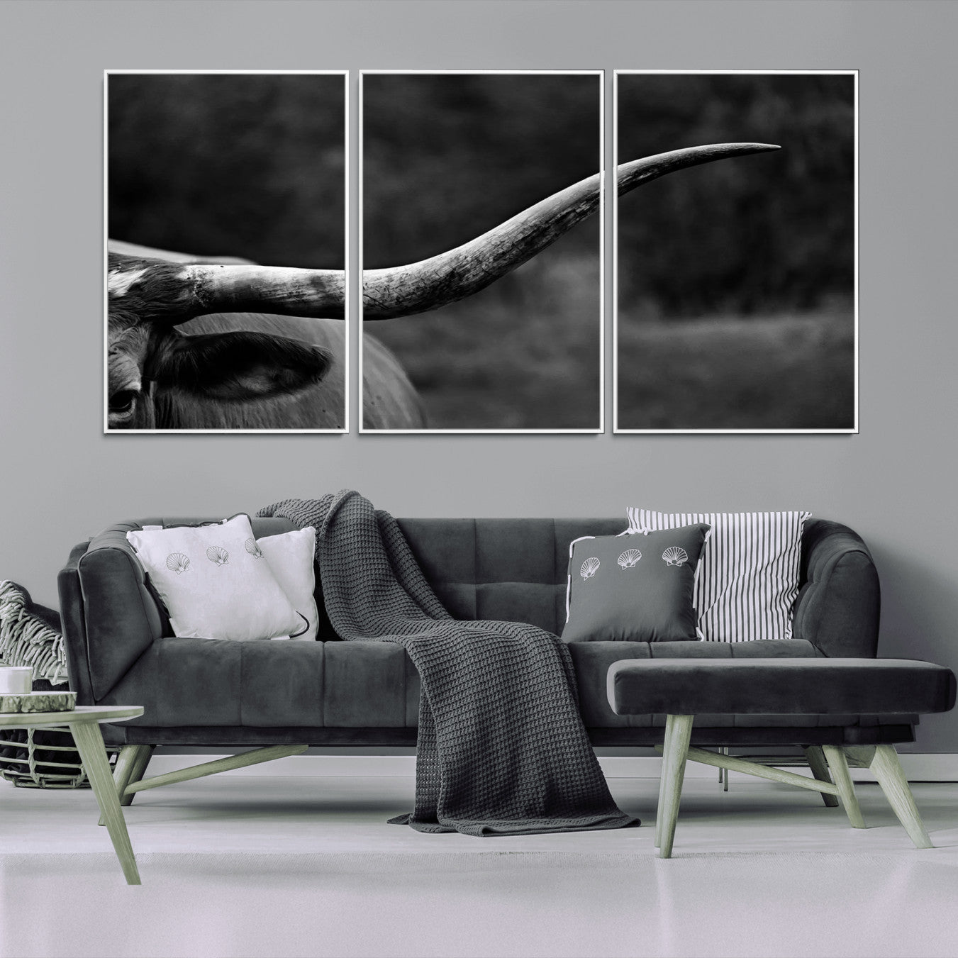 -Cow Longhorn Wall Art | Black and White Print | Ready to Hang and Framed | Farmhouse Wall Decor |