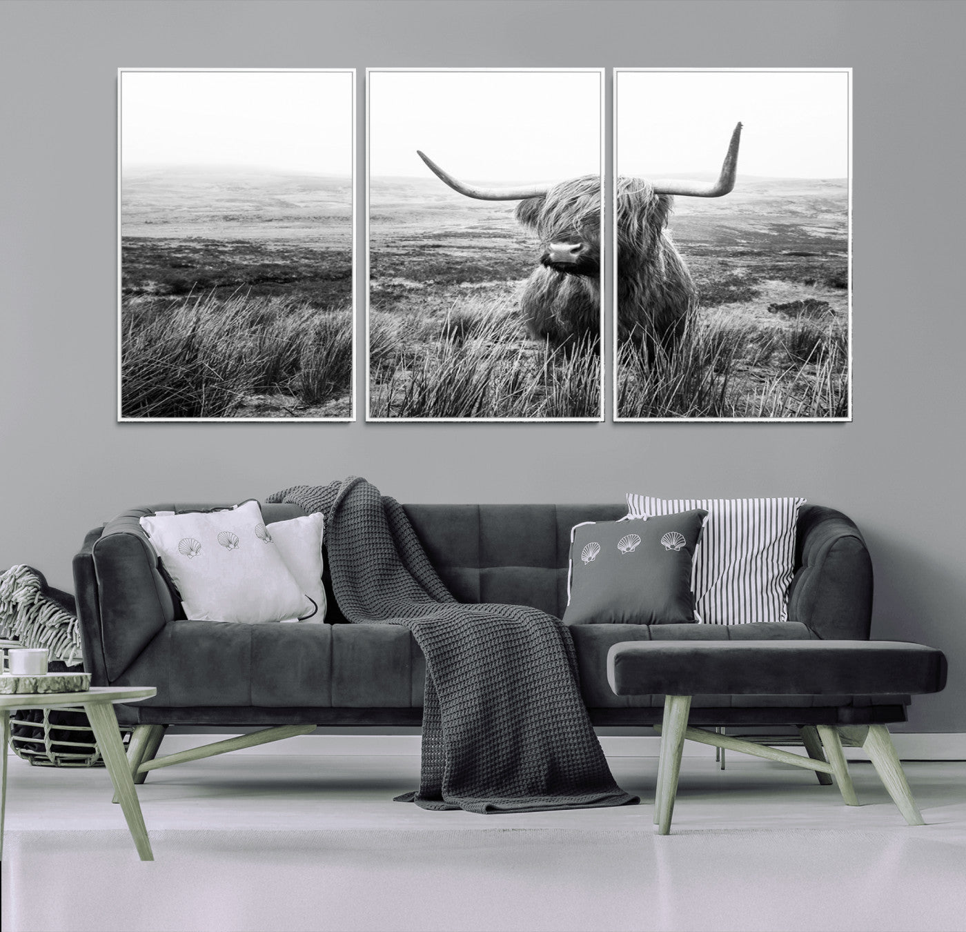 80826-MGV-FC-60X30-3P_White-Scottish Highland Cow Wall Art | Black and White Canvas Print | Ready to Hang and Framed | Rustic