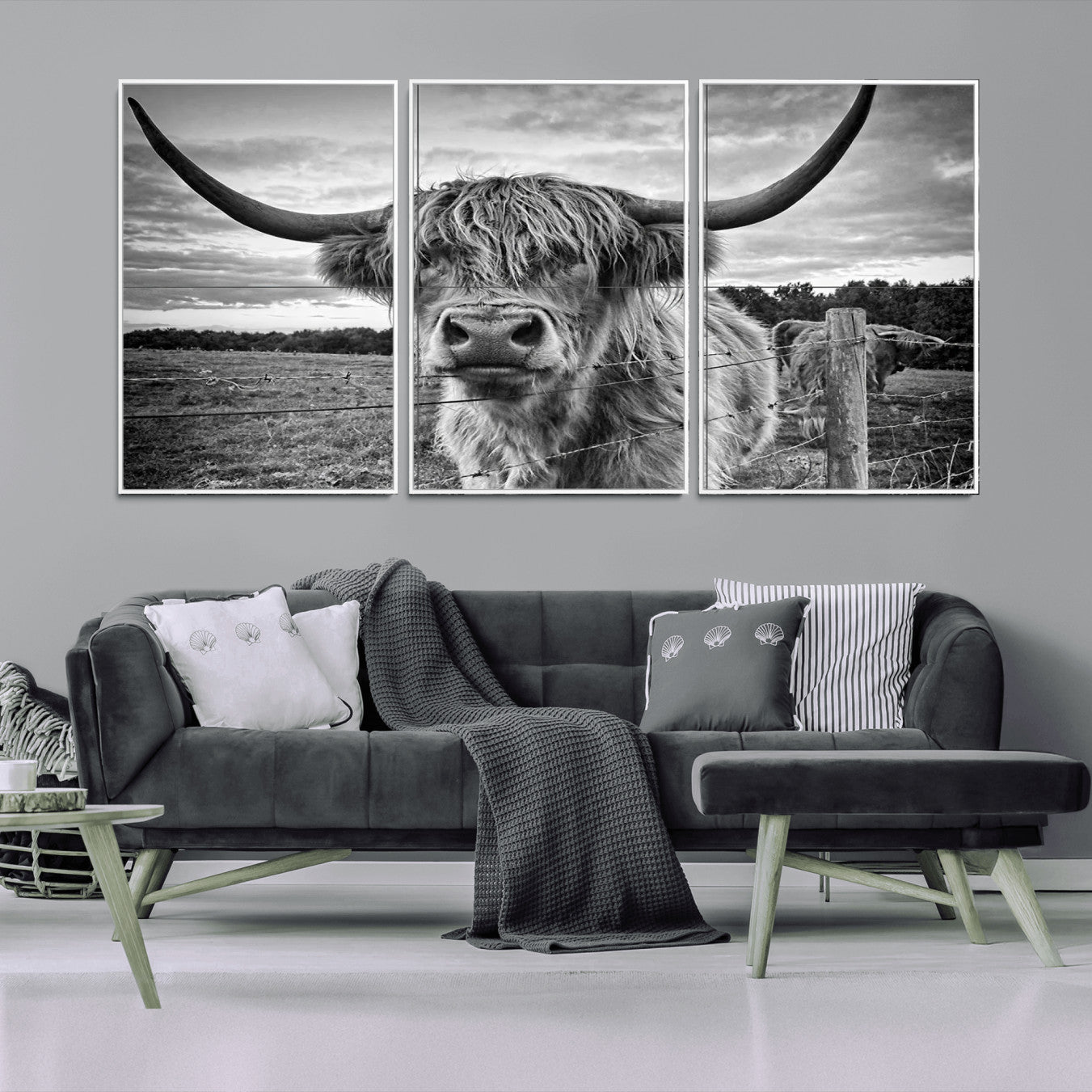 -Scottish Highland Cow Canvas Wall Art Farmhouse Decor, Framed Scottish Highland Cow Print