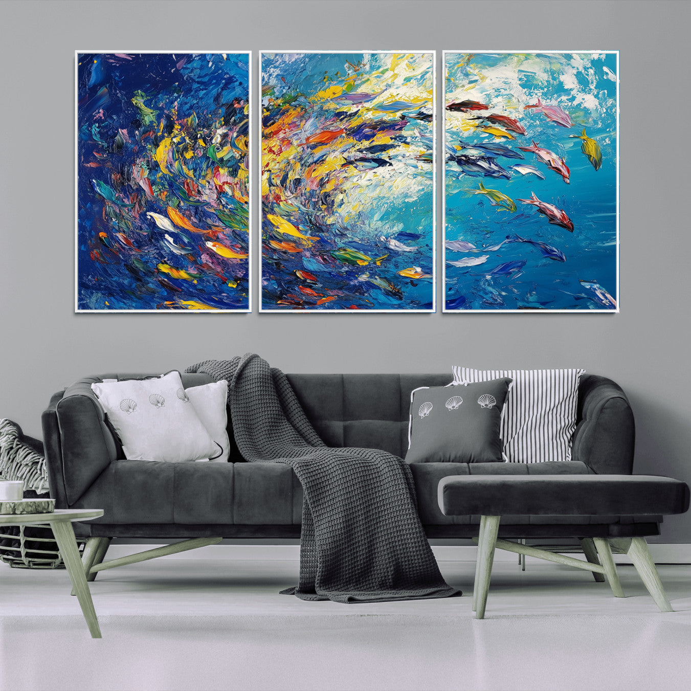 -Colorful Swirling Fish School Wall Art Canvas Print | Oceanic Abstract Painting | Ready to Hang |