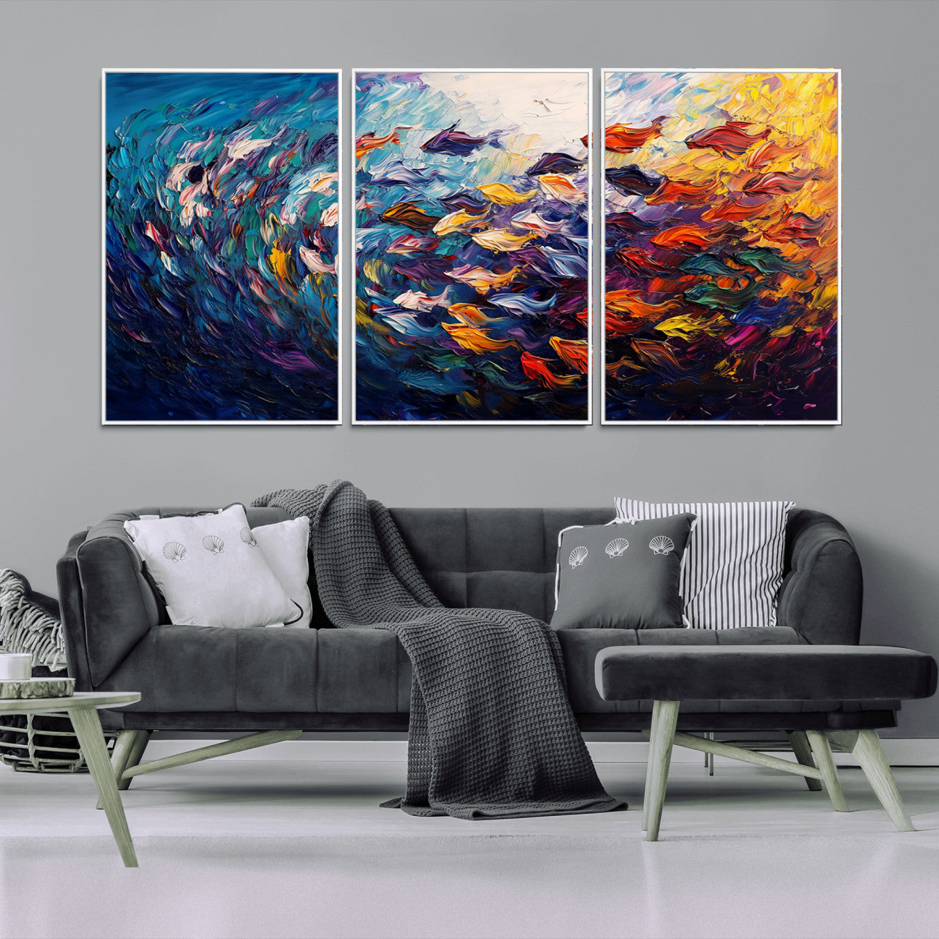 78292-MGV-CV-36X24-Vibrant Abstract Fish Swarm Art – Colorful Fish Inspired 3-Piece Canvas Wall Art for Living Room or