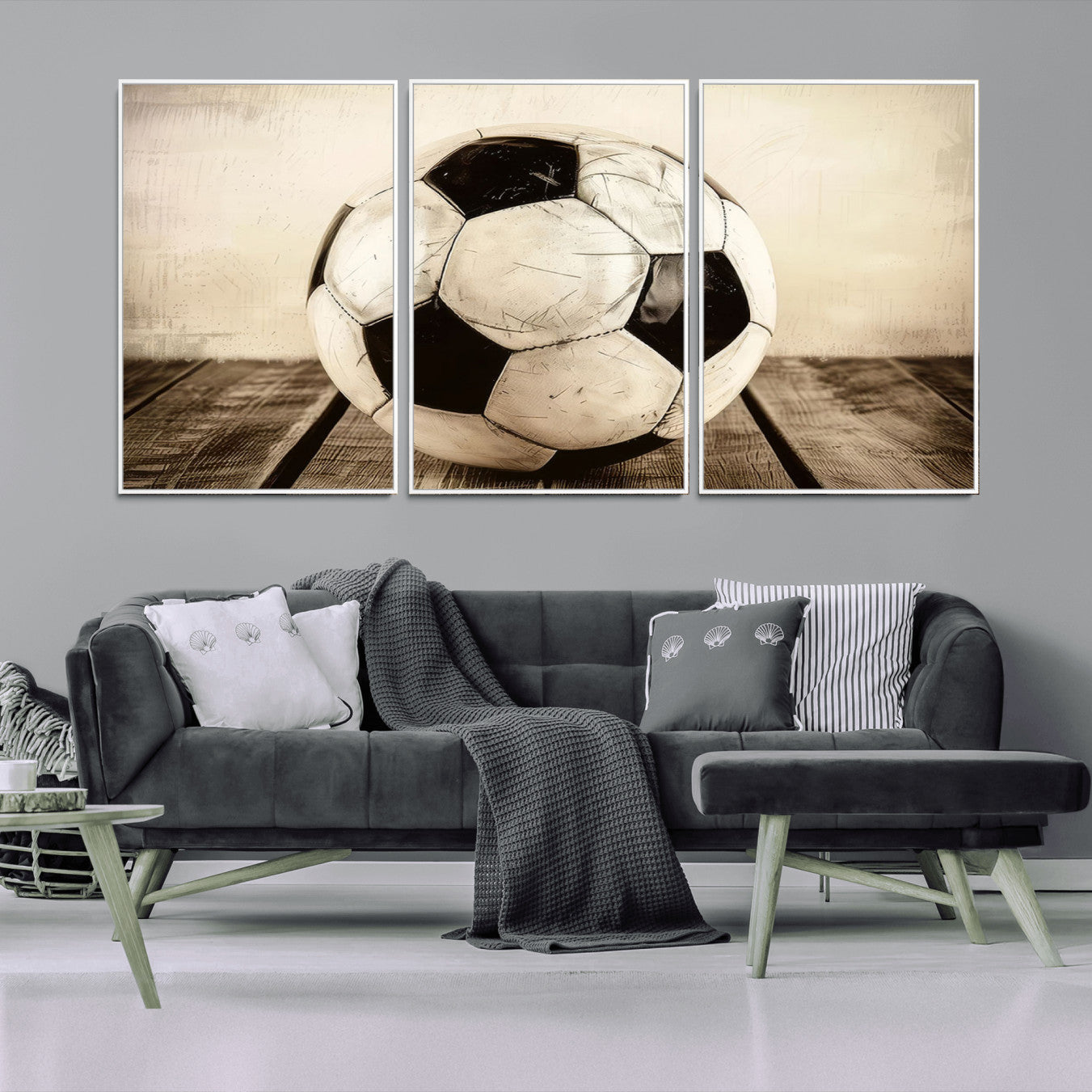 -Vintage Soccer Ball Wall Decor Canvas Art – 3-Panel Soccer Wall Decor, Framed and Ready to Hang
