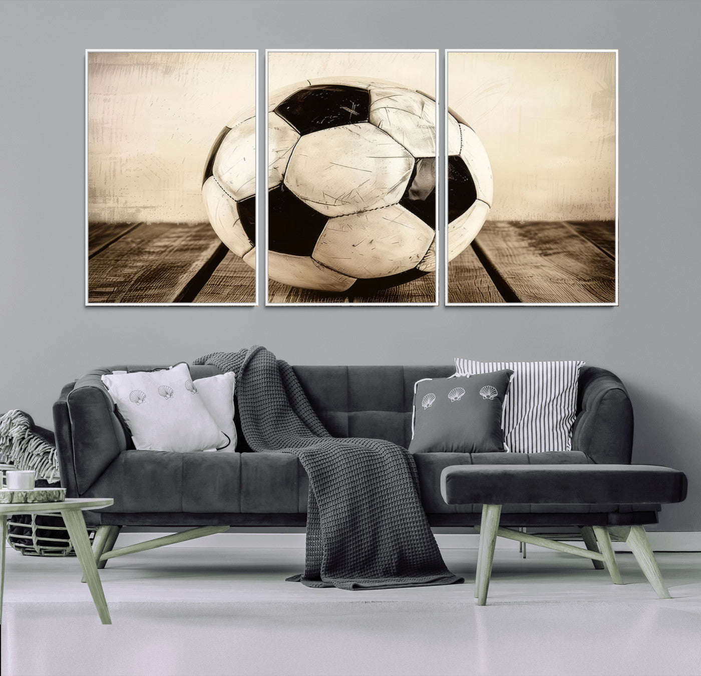 -Vintage Soccer Ball Wall Decor Canvas Art – 3-Panel Soccer Wall Decor, Framed and Ready to Hang