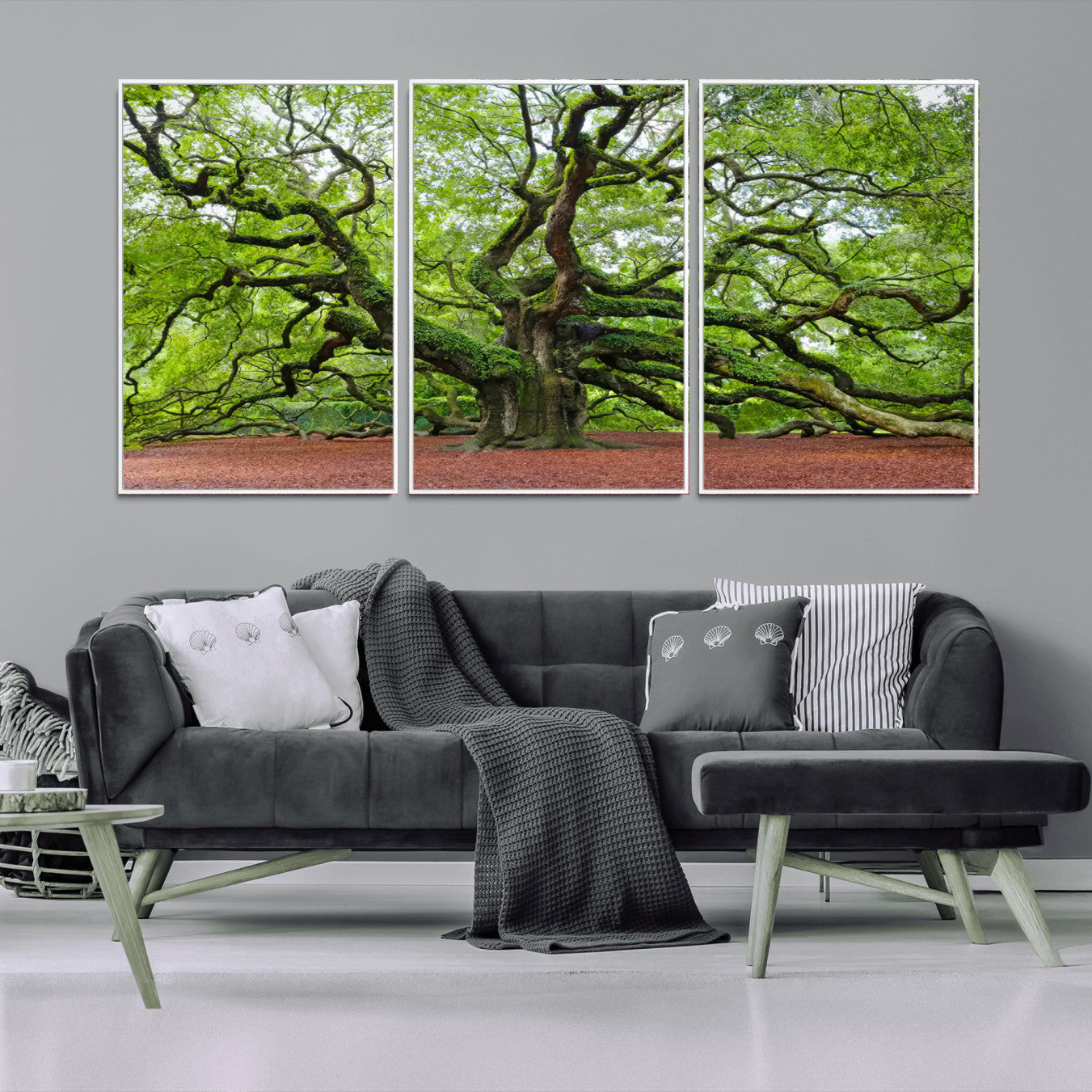 40313-MGV-FC-60X30-3P_White-Framed Angel Oak Tree Wall Art - 3-Panel Canvas Prints, Large Green Nature Artwork, Ready to Hang