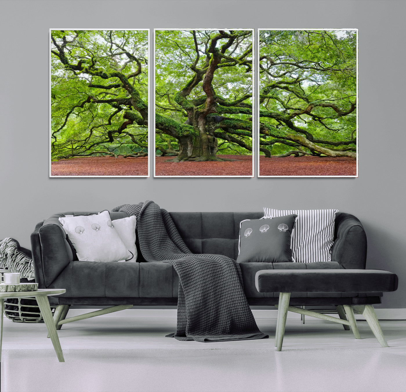 40313-MGV-FC-60X30-3P_White-Framed Angel Oak Tree Wall Art - 3-Panel Canvas Prints, Large Green Nature Artwork, Ready to Hang