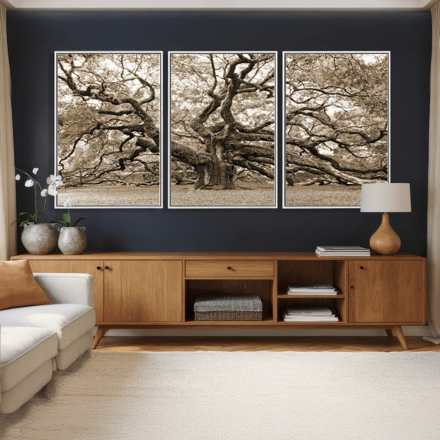 51126-MGV-CV-36X24 - Sepia Framed Angel Oak Tree Wall Art - 3-Panel Canvas Prints, Large Green Nature Artwork, Ready to